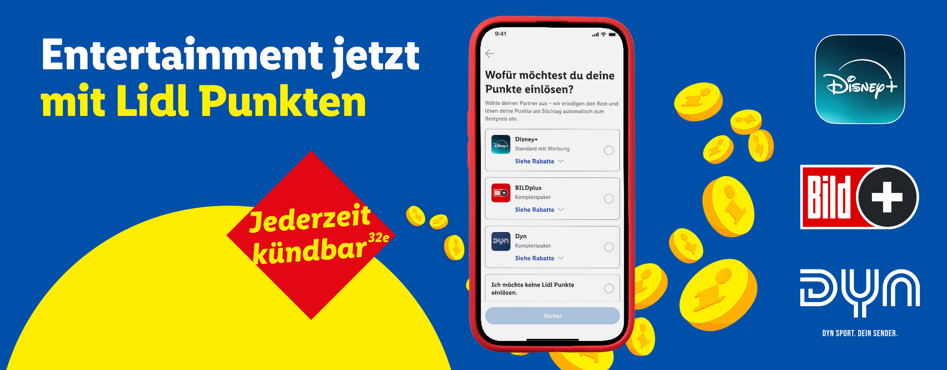Ein Smartphone zeigt Optionen zum Einlösen von Punkten für Streaming-Dienste und digitale Abonnements, umgeben von Münzen und Logos.