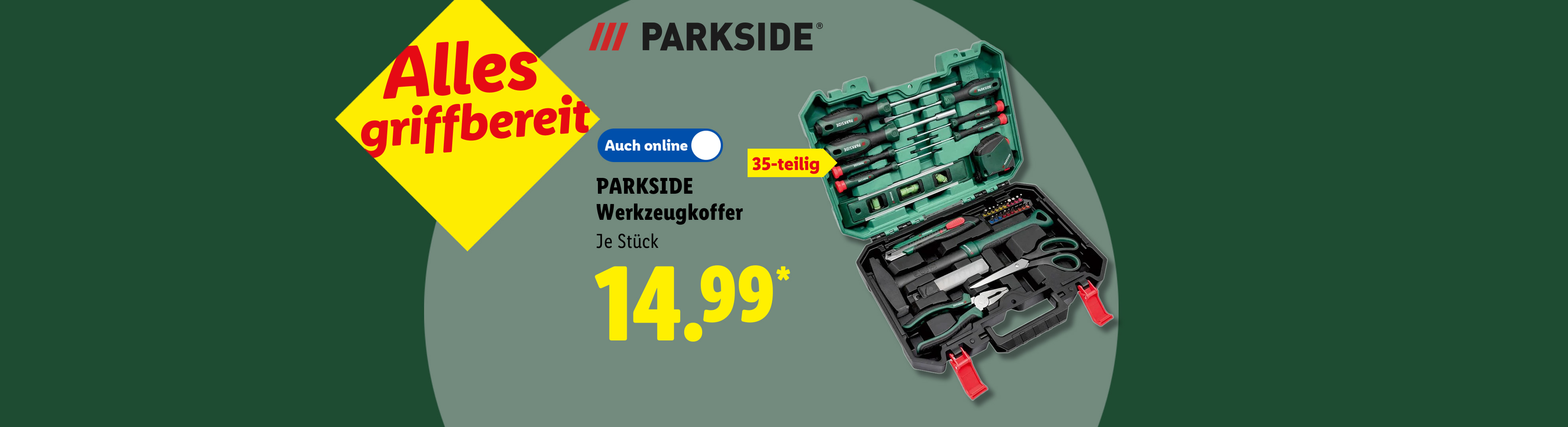 Alles griffbereit: PARKSIDE Werkzeugkoffer, 35-teilig, je Stück online verfügbar für 14.99 €*.
