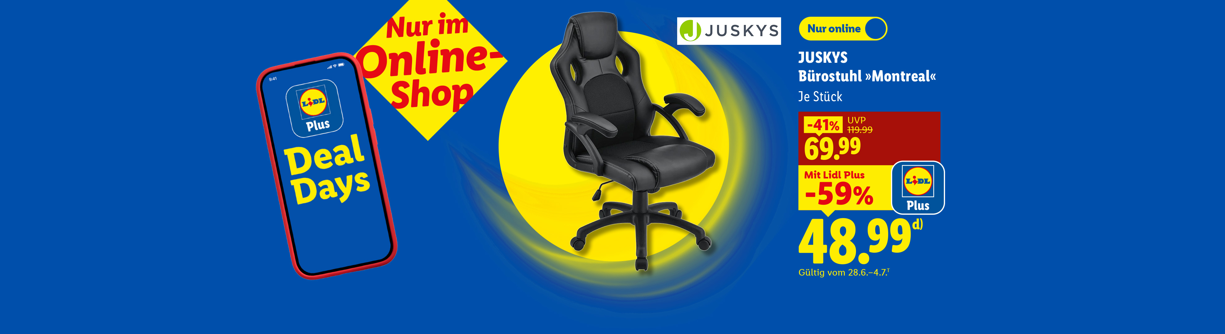 Nur im Online-Shop: JUSKYS Bürostuhl »Montreal«, je Stück Mit Lidl Plus -59% günstiger, Nur online für 48.99 €*