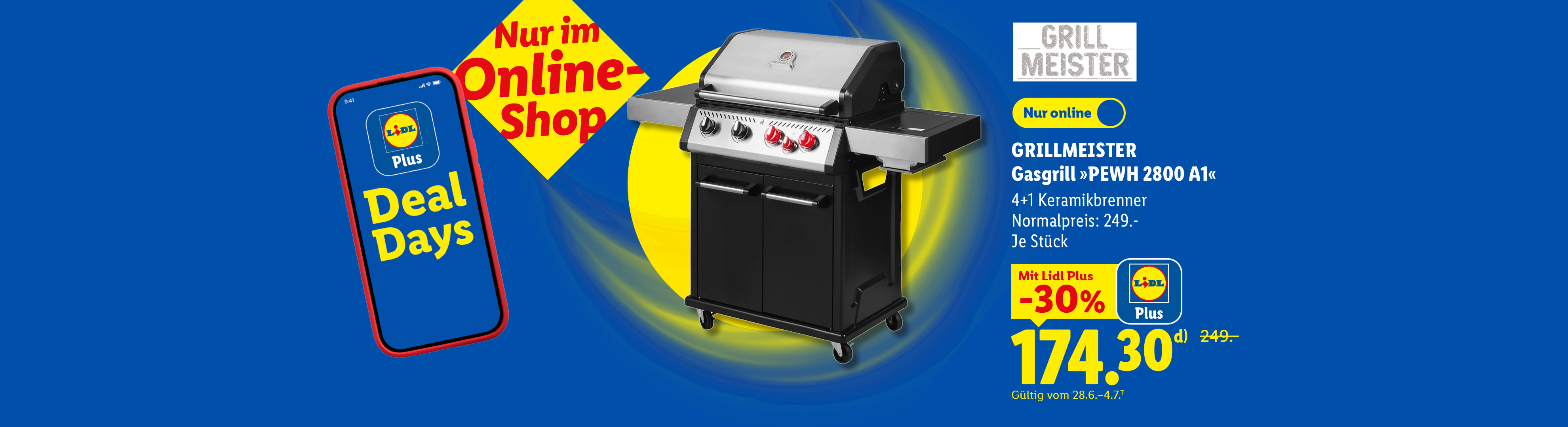 In der Filiale & im Online-Shop: GRILLMEISTER Gasgrill »PEWH 2800 A1«, 4+1 Keramikbrenner, je Stück Mit Lidl Plus -30% günstiger, Auch online für 174.30 €*