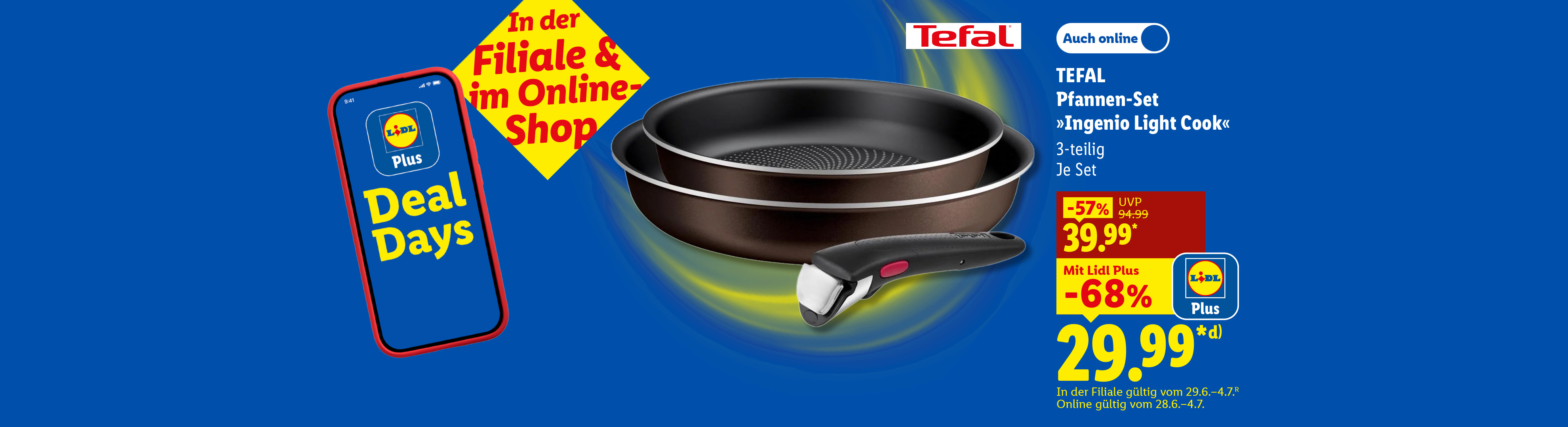 In der Filiale & im Online-Shop: TEFAL Pfannen-Set »Ingenio Light Cook«, 3-teilig, Je Set Mit Lidl Plus -68% günstiger, Auch online für 29.99 €*