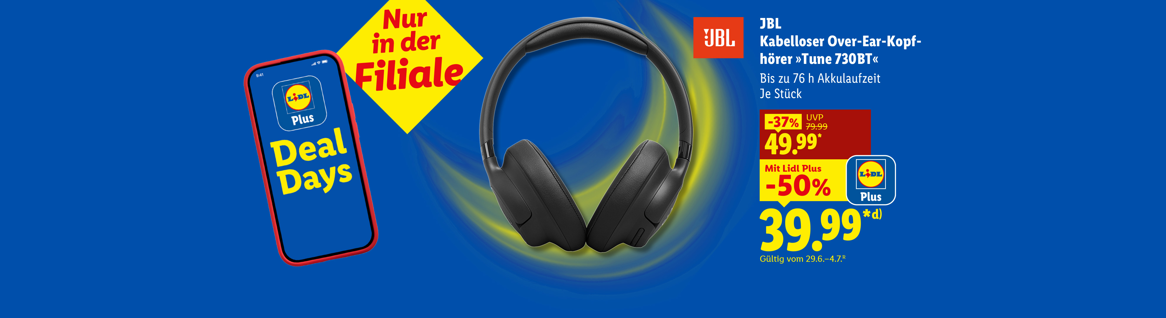 Nur in der Filiale: JBL Kabelloser Over-Ear-Kopfhörer »Tune 730BT«, Bis zu 76 h Akkulaufzeit, je Stück Mit Lidl Plus -50% günstiger, für 39.99 €*