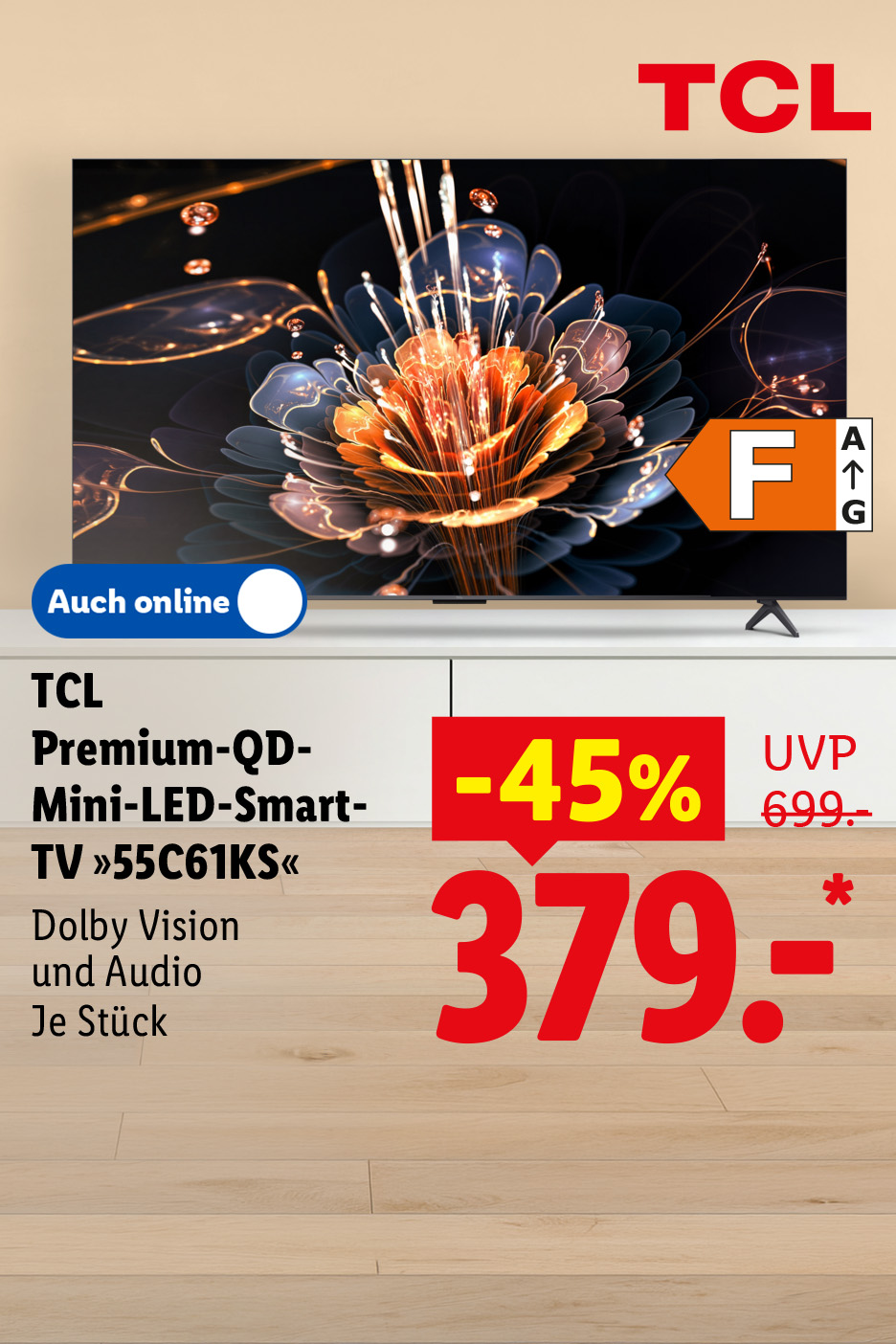 TCL Premium-QD-Mini-LED-Smart-TV »55C61KS«, Dolby Vision und Audio, je Stück -45% auch online für 379.- €*.