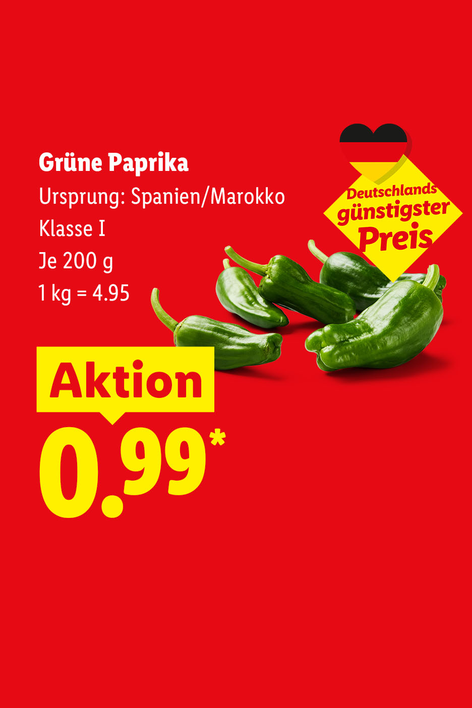 Deutschlands günstigster Preis – Grüne Paprika, Ursprung: Spanien/Marokko, Klasse I, Je 200 g, 1 kg = 4.95 €, Aktion für 0.99 €*.