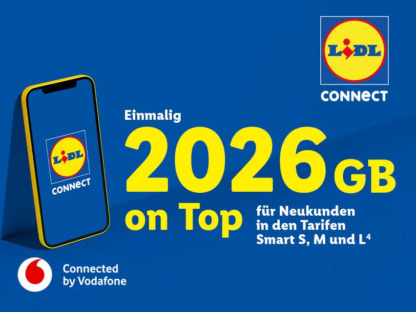 Lidl Connect: Einmalig 2026 GB on Top für Neukunden in den Tarifen Smart S, M und L (4). Connected by Vodafone.
