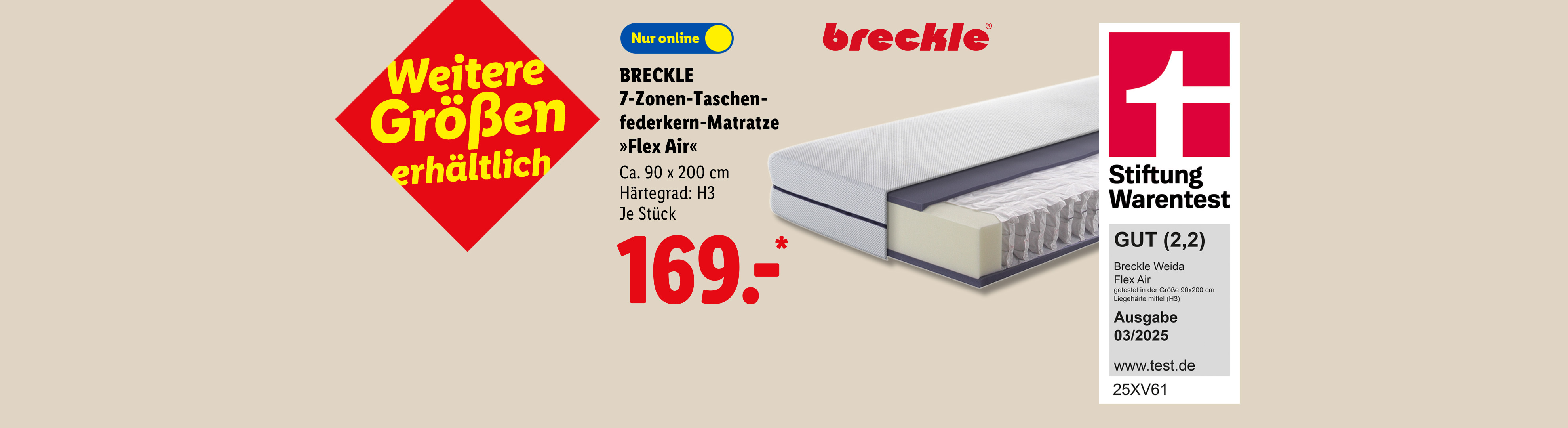 Stiftung Warentest GUT (2,2): BRECKLE 7-Zonen-Taschenfederkern-Matratze »Flex Air«, Härtegrad H3 / Ca. 90 x 200 cm, je Stück Nur online für 169.00 €*.