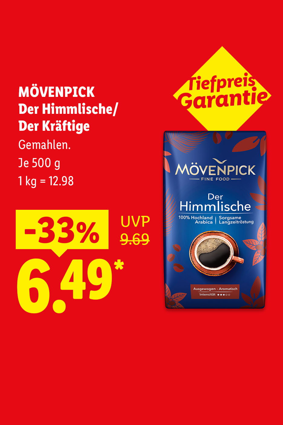 Tiefpreis Garantie – MÖVENPICK Der Himmlische/Der Kräftige, Gemahlen, je 500 g -33% für 6.49 €*. 1 kg = 12.98 €.