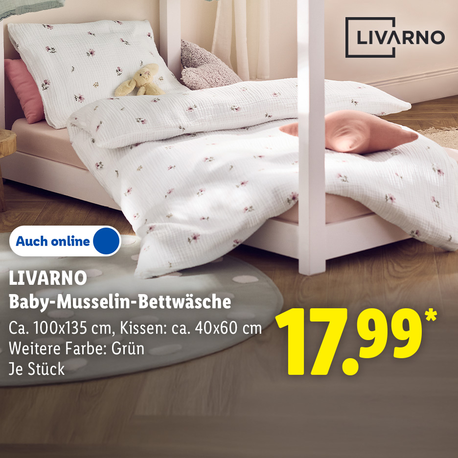 LIVARNO Baby-Musselin-Bettwäsche, Ca. 100x135 cm, Kissen: ca. 40x60 cm, Weitere Farbe: Grün, je Stück, Auch online für 17.99 €*.