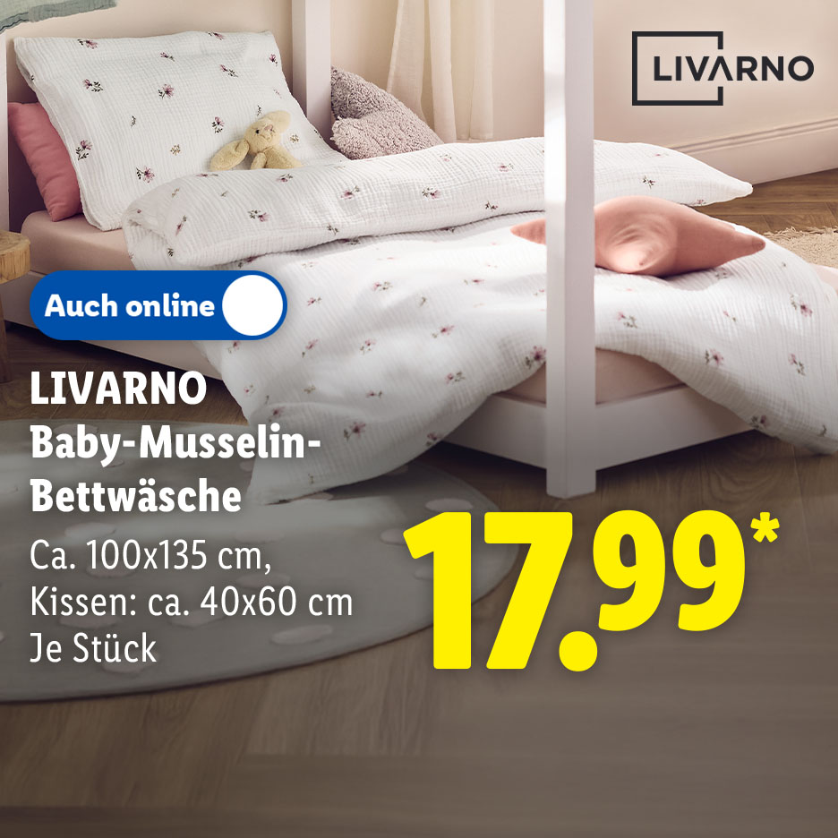 LIVARNO Baby-Musselin-Bettwäsche, Ca. 100x135 cm, Kissen: ca. 40x60 cm, Weitere Farbe: Grün, je Stück, Auch online für 17.99 €*.