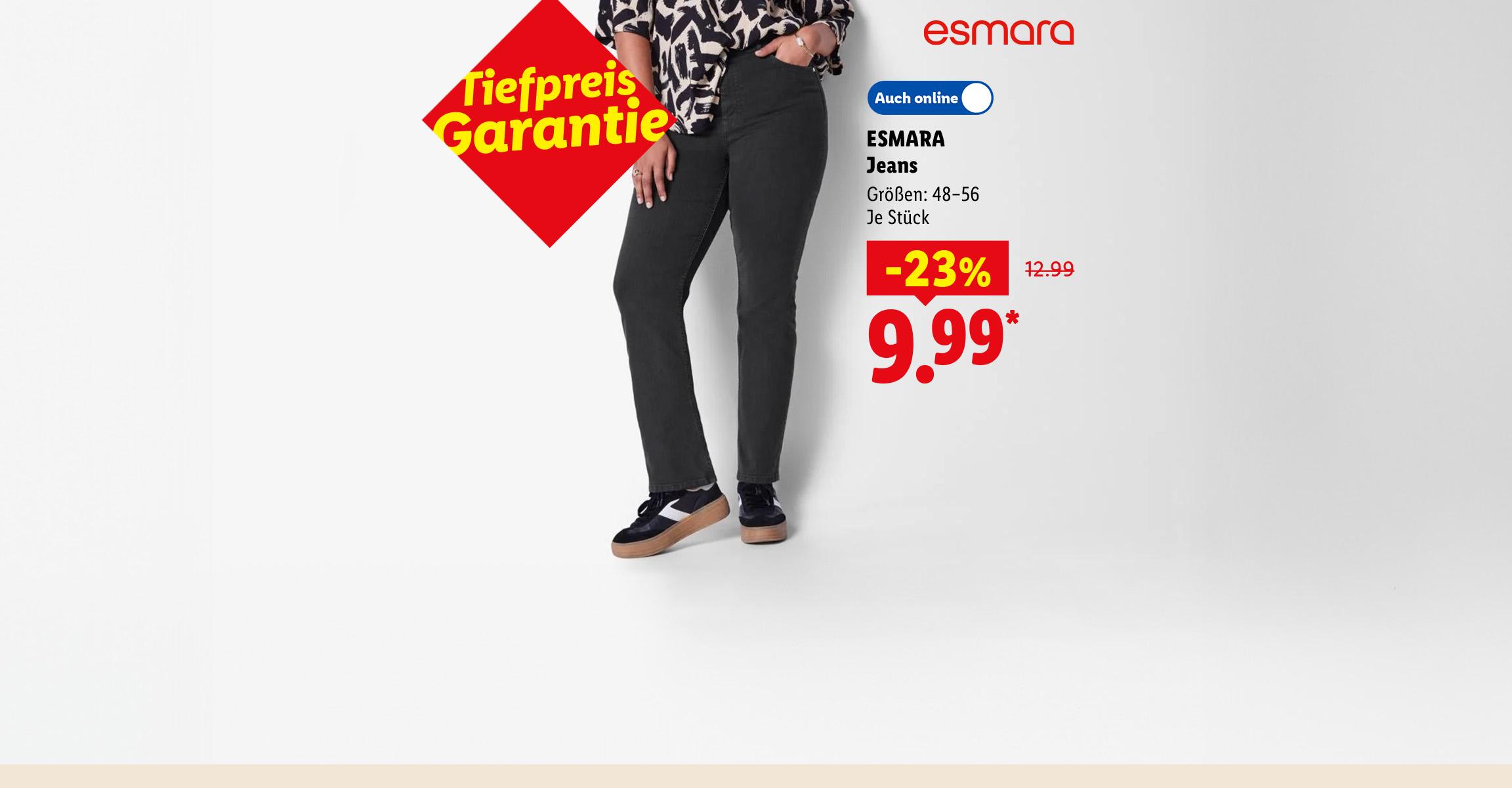 Tiefpreis Garantie: ESMARA Jeans, Größen: 48-56, je Stück -23% günstiger, Auch online für 9.99 €*.