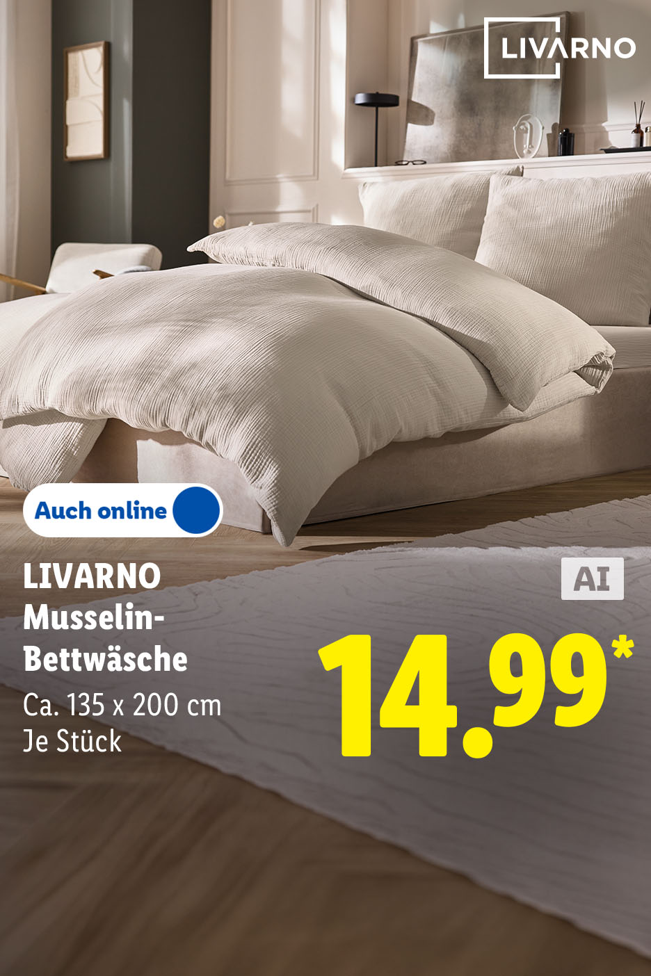 LIVARNO Musselin-Bettwäsche, Ca. 135 x 200 cm, auch online je Stück für 14.99 €*. AI-generiert.