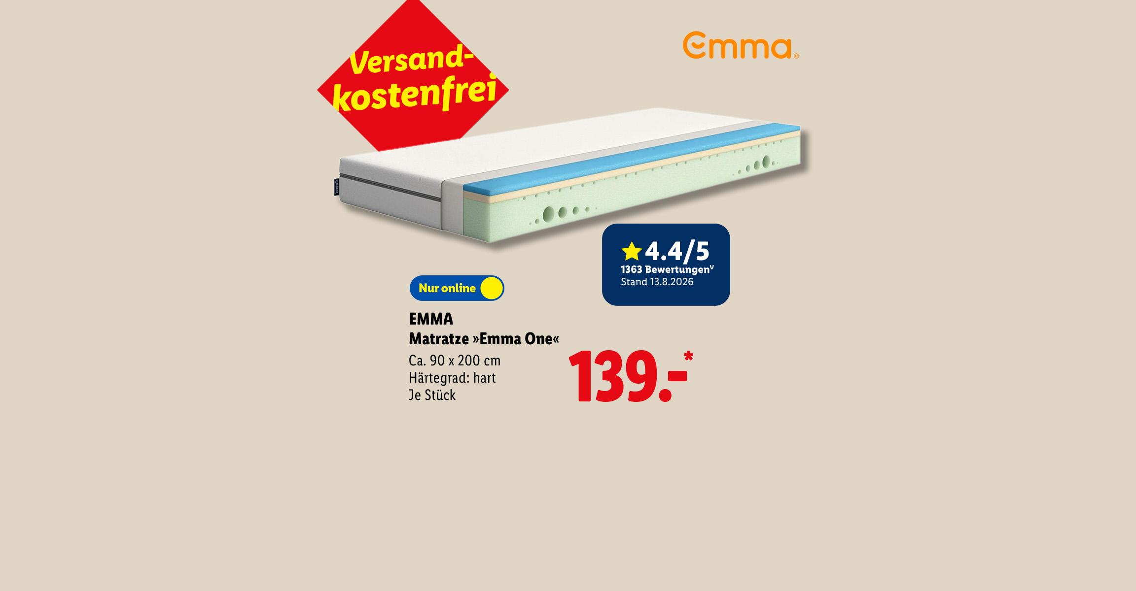 Versandkostenfrei: EMMA Matratze »Emma One«, Ca. 90 x 200 cm Härtegrad: hart, Kundenbewertung 4.4/5 Stand 13.8.2026, je Stück, Nur online für 139.00 €*.