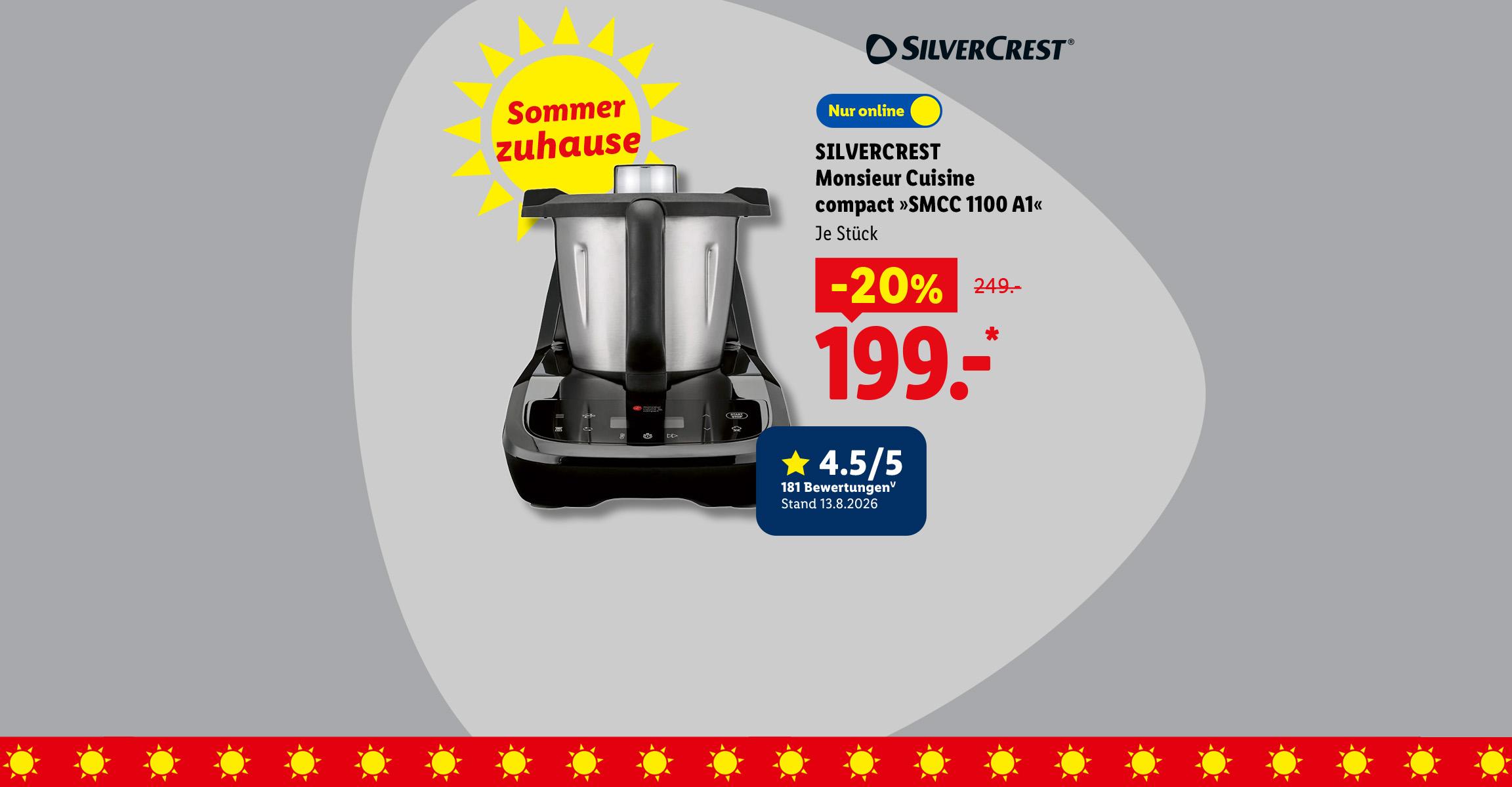 AI-generiert: Sommer zuhause: SILVERCREST Monsieur Cuisine compact »SMCC 1100 A1«, Kundenbewertung 4.5/5 Stand 13.8.2026, je Stück 20% günstiger, Nur online für 199.00 €*. AI-generated