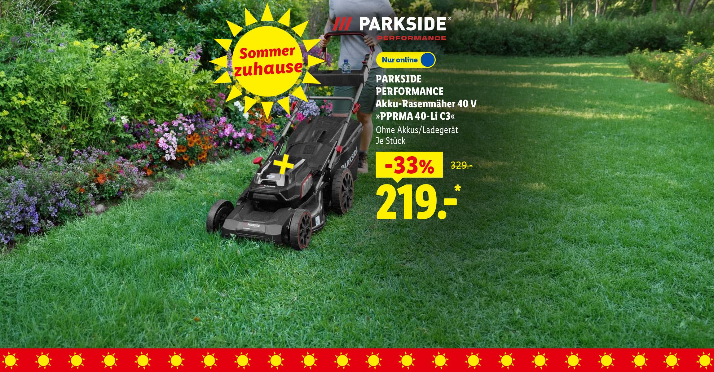 KI-generiert: 30 Jahre Parkside, Sommer zuhause: PARKSIDE PERFORMANCE Akku-Rasenmäher 40 V »PPRMA 40-Li C3«, Ohne Akkus/Ladegerät, je Stück 33% günstiger, Nur online für 219.00 €*. AI-generated