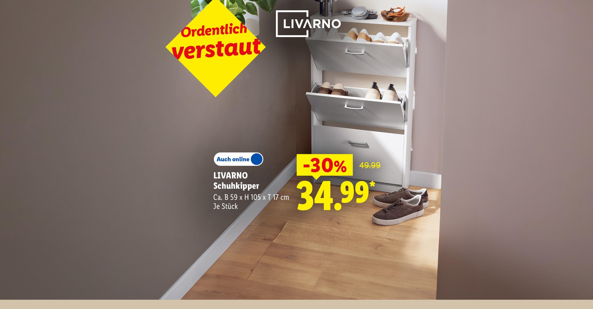 AI-generiert: Ordentlich verstaut: LIVARNO Schuhkipper, Ca. B 59 x H 105 x T 17 cm, je Stück 30% günstiger, Auch online für 34.99 €*. AI-generated
