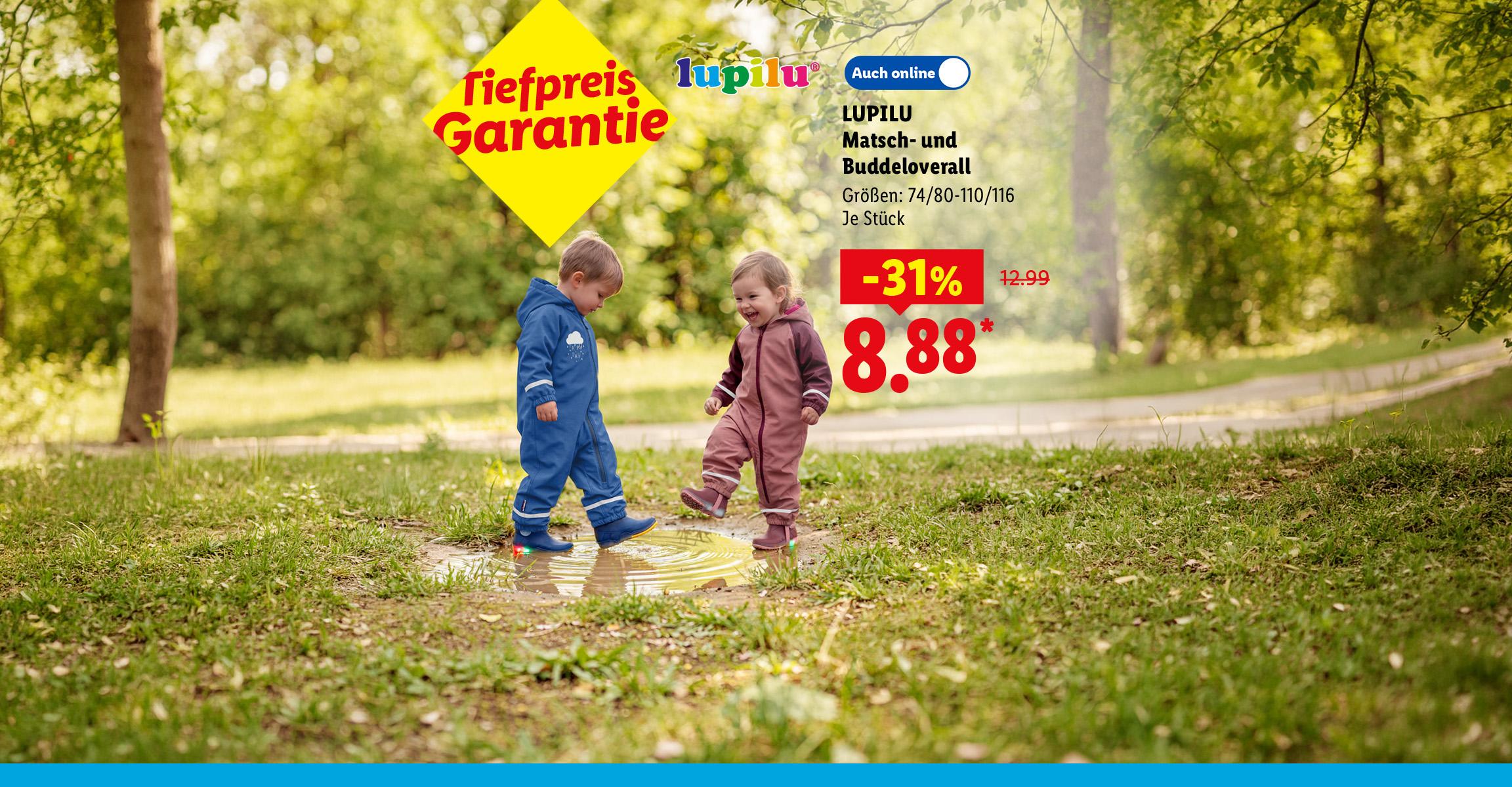 AI-generiert: Tiefpreis Garantie: LUPILU Matsch- und Buddeloverall, Größen: 74/80-110/116, je Stück 31% günstiger, Auch online für 8.88 €*. AI-generated.