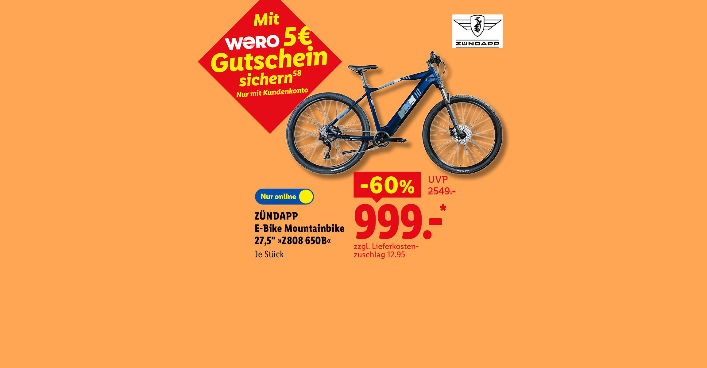 ZÜNDAPP E-Bike Mountainbike 27,5" »Z808 650B«, Mit WERO 5€ Gutschein sichern (58), Nur mit Kundenkonto, zzgl. Lieferkosten-zuschlag 12.95, je Stück -60% für 999.- €* nur online erhältlich.