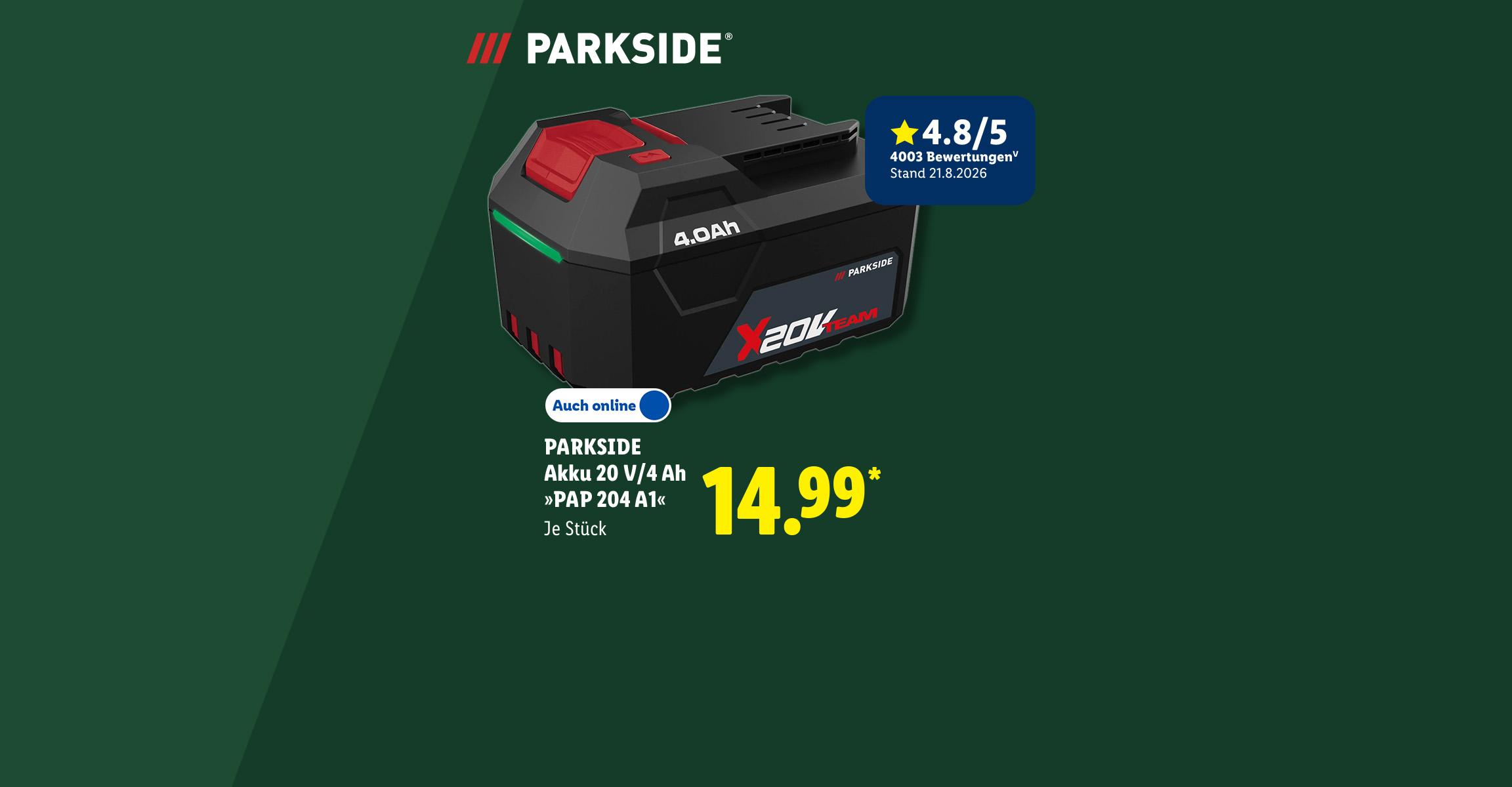 PARKSIDE Du packst das! Akku 20 V/4 Ah »PAP 204 A1«, 4.8/5 Sternen, je Stück für 14.99 €*, in der Filiale und online erhältlich.