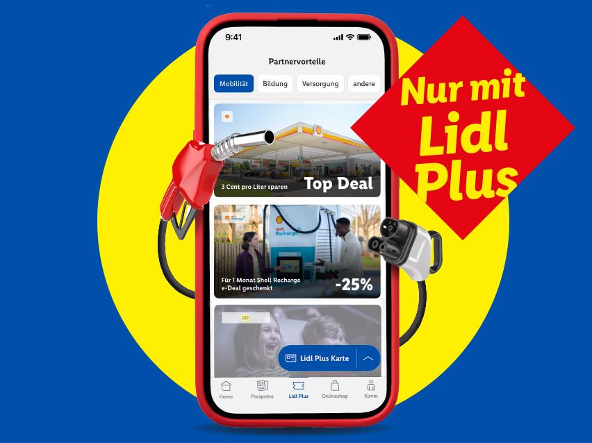 Nur mit Lidl Plus & Shell sparen. Roter Smartphone und Zapfhan mit Angeboten. Top-Deal & -25%
