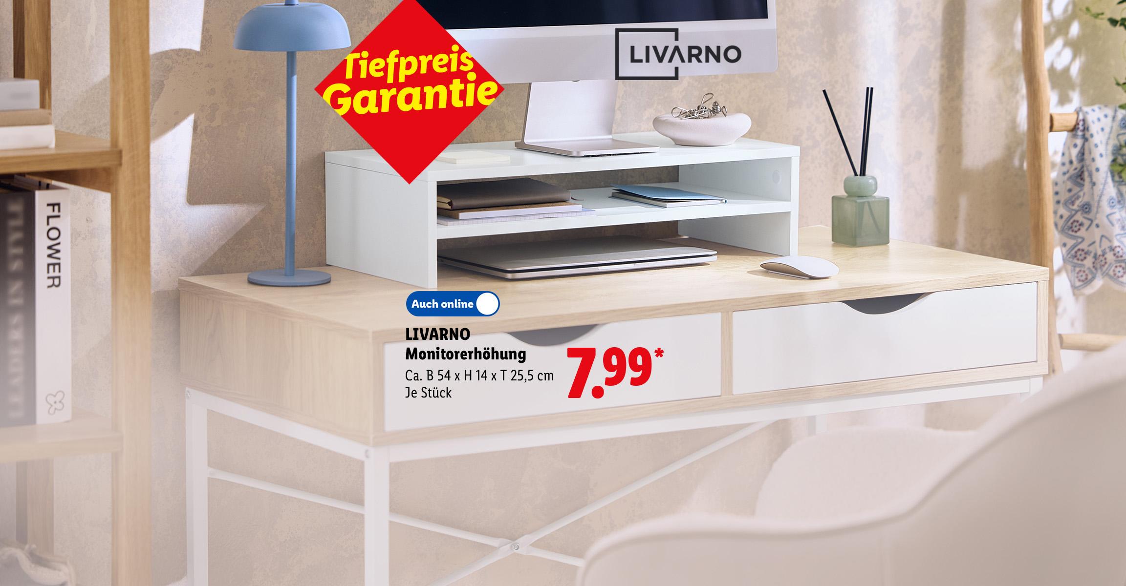 AI-generiert: Tiefpreis Garantie: LIVARNO Monitorerhöhung, Ca. B 54 x H 14 x T 25,5 cm, je Stück, Auch online für 7.99 €*. AI-generated