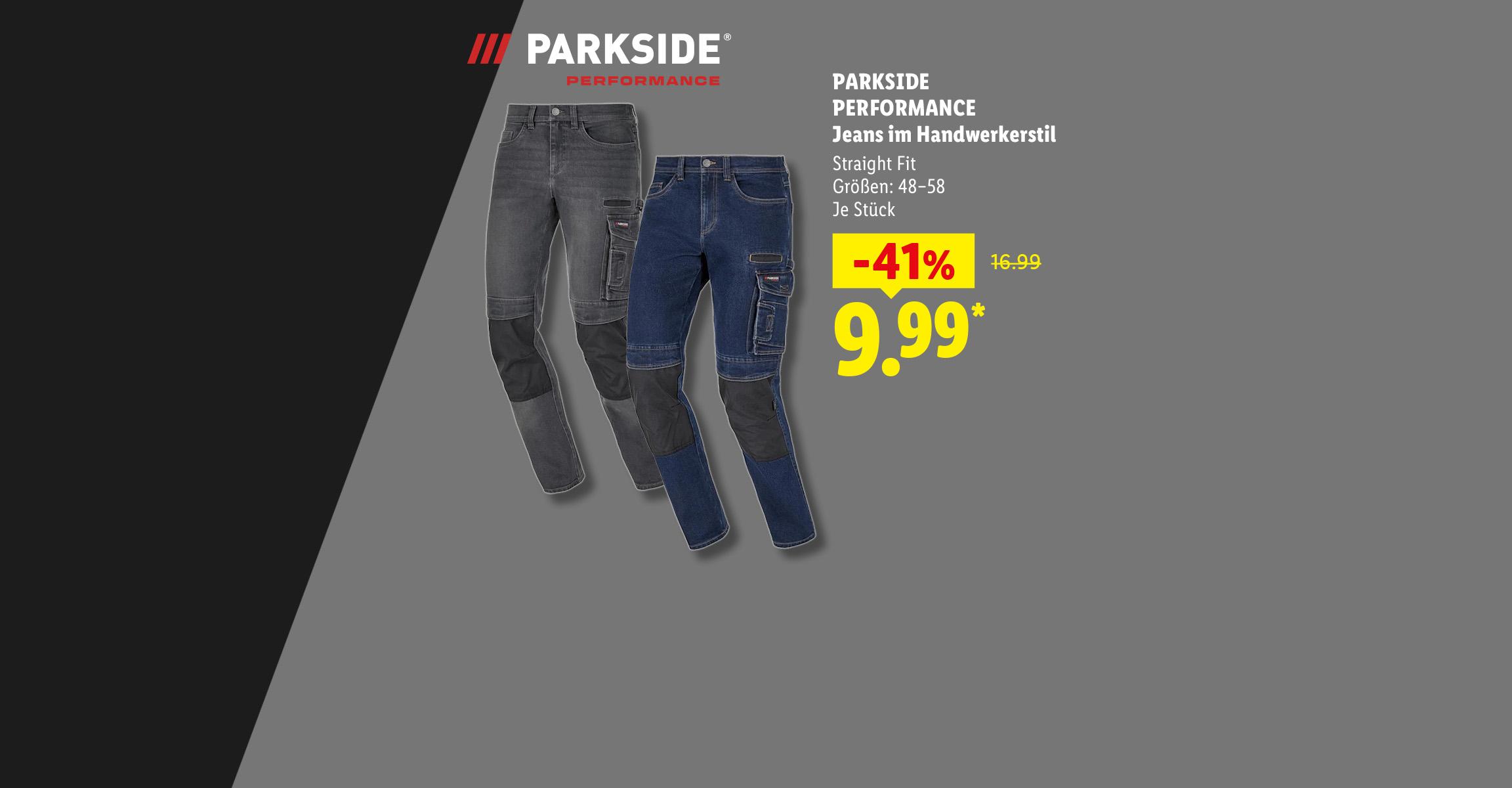 30 Jahre Parkside: PARKSIDE PERFORMANCE Jeans im Handwerkerstil, Straight Fit in den Größen 48-58, je Stück -41% günstiger, für 9.99 €*.