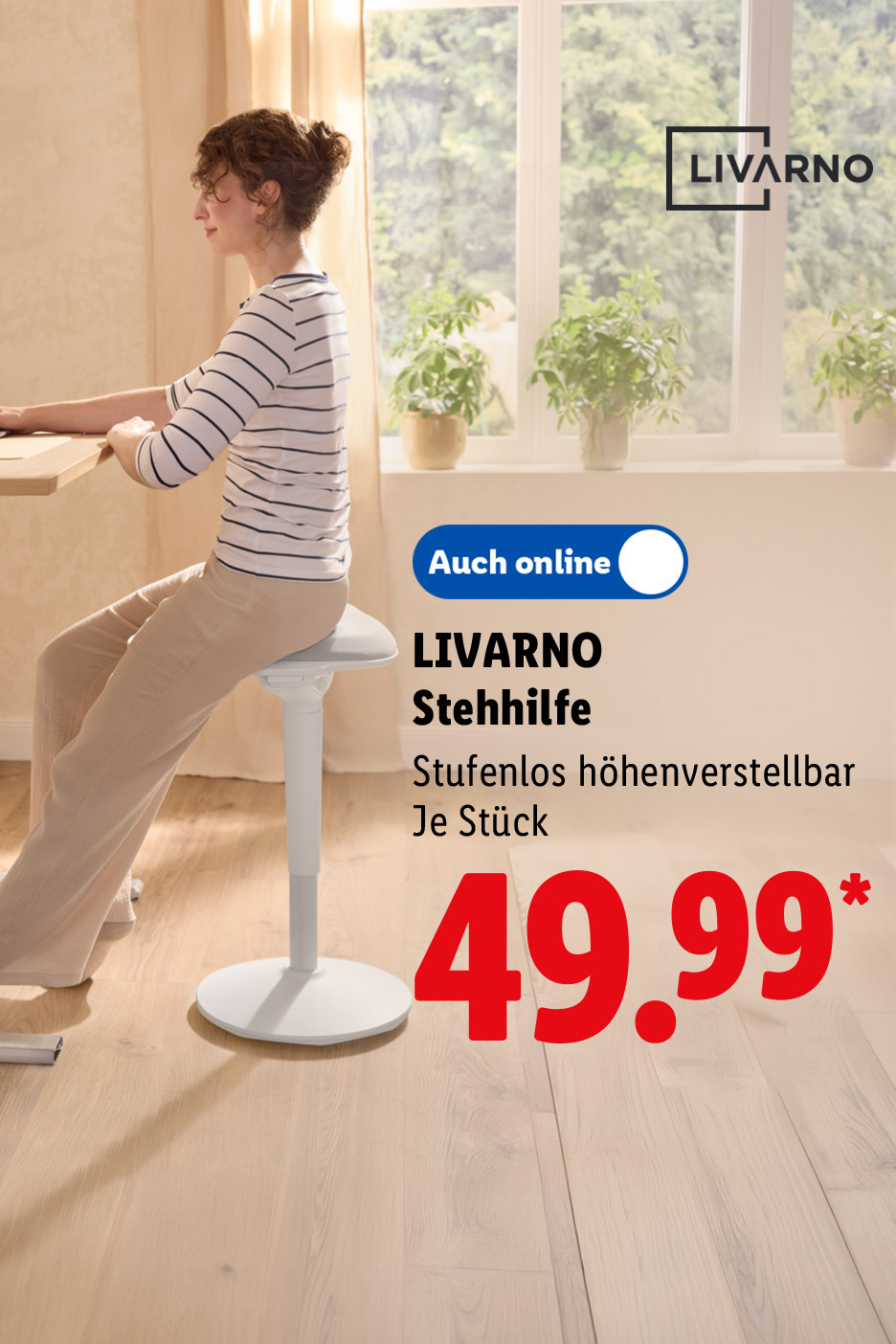 KI-generiert: LIVARNO Stehhilfe, stufenlos höhenverstellbar, je Stück auch online für 49.99 €*.