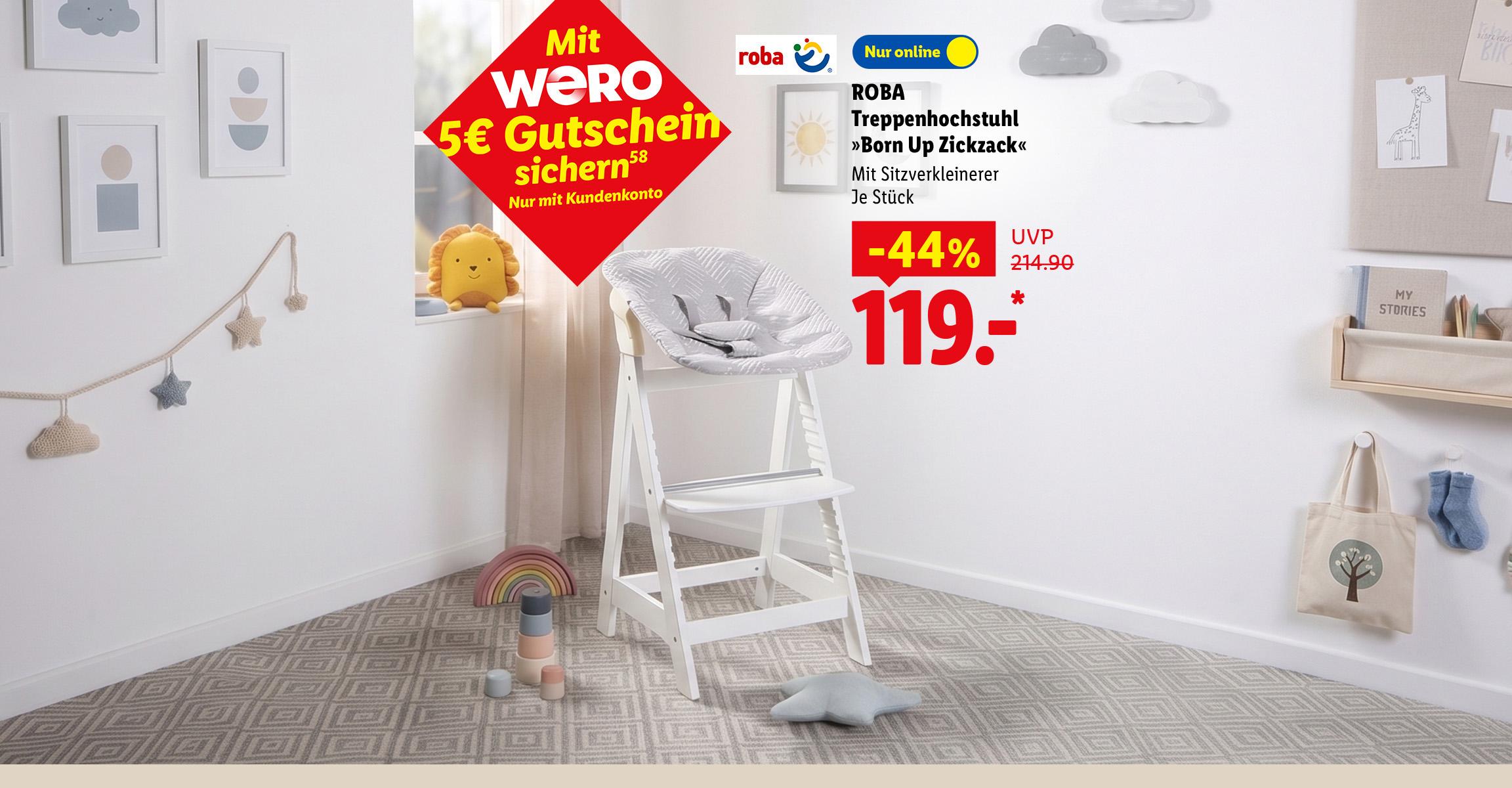 AI-generiert: Mit WERO 5€ Gutschein sichern: ROBA Treppenhochstuhl »Born Up Zickzack«, Mit Sitzverkleinerer, je Stück -44% günstiger, Nur online für 119.- €*. AI-generated.