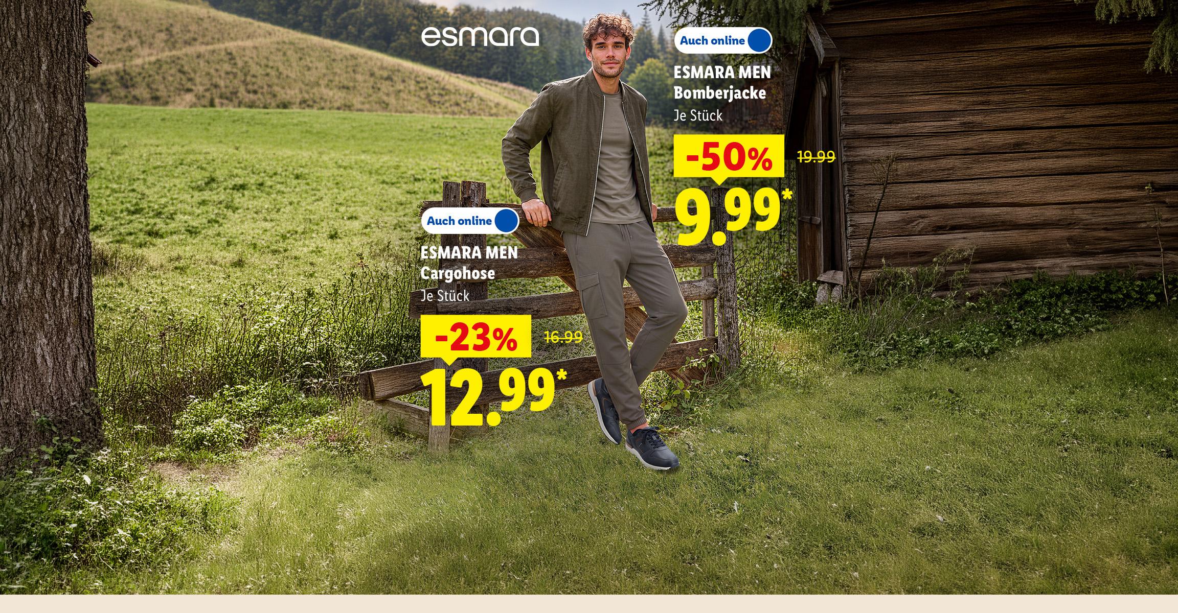 AI-generiert: ESMARA MEN Bomberjacke, je Stück -50% günstiger, Auch online für 9.99 €. ESMARA MEN Cargohose, je Stück -23% günstiger, Auch online für 12.99 €. AI-generated.