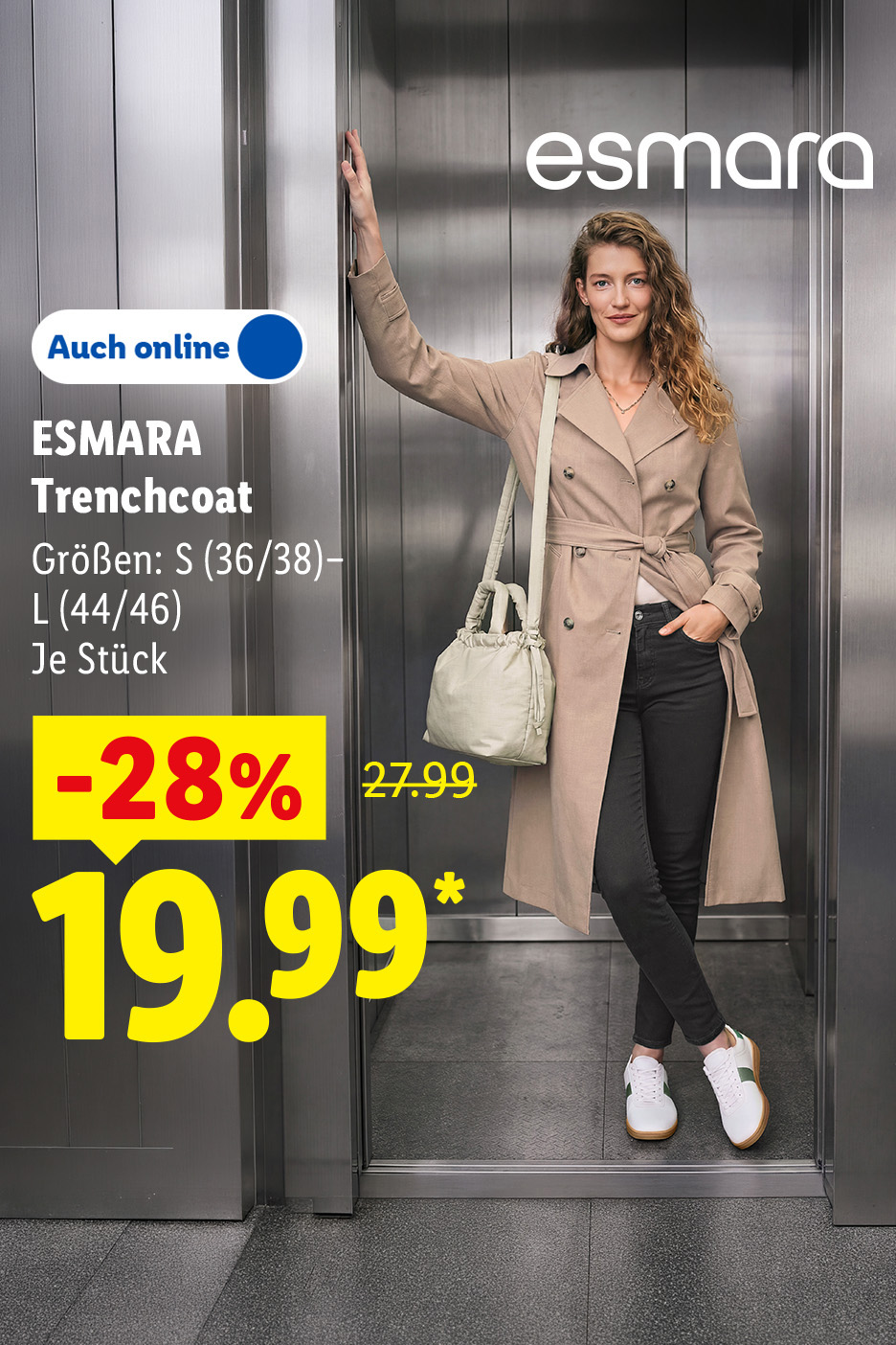 AI-generiert: ESMARA Trenchcoat, Größen: S (36/38)-L (44/46), je Stück -28% günstiger, Auch online für 19.99 €*. AI-generiert.