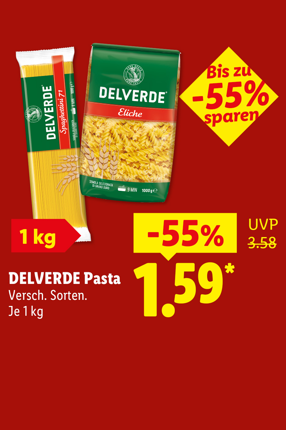 Bis zu -55% sparen. DELVERDE Pasta, verschiedene Sorten, je 1 kg, 55% günstiger für 1.59€*.