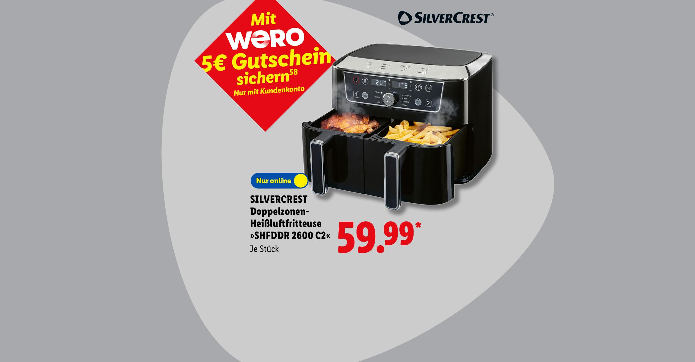 AI-generiert: Mit WERO 5€ Gutschein sichern: SILVERCREST Doppelzonen-Heißluftfritteuse »SHFDDR 2600 C2«, je Stück, Nur online für 59.99 €*. AI-generated.