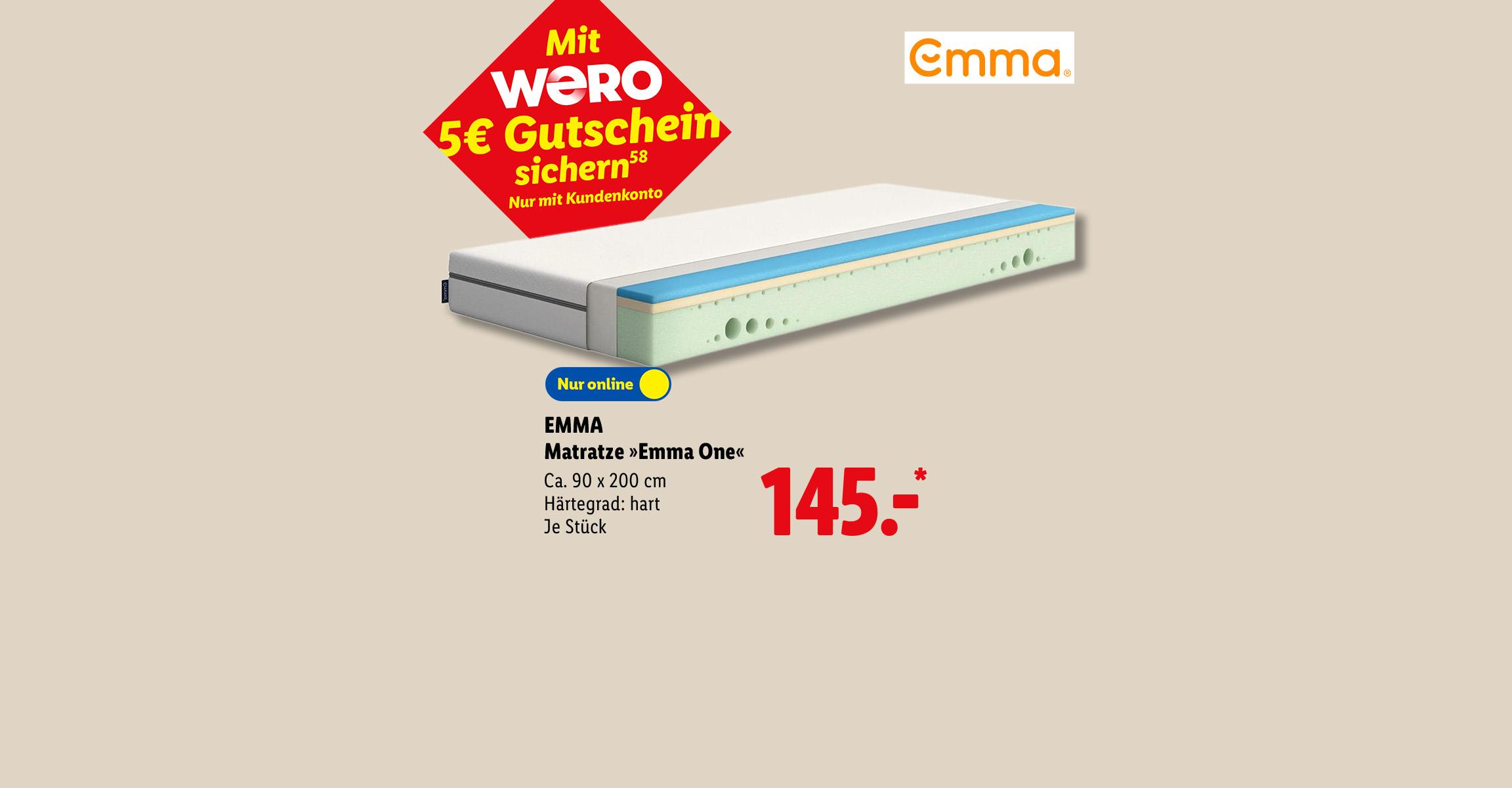 Mit WERO 5€ Gutschein sichern: EMMA Matratze »Emma One«, Ca. 90 x 200 cm, Härtegrad: hart, Je Stück, Nur online für 145.- €*.