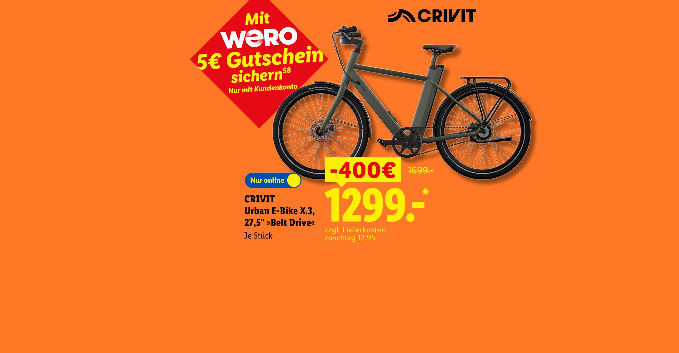 Mit WERO 5€ Gutschein sichern: CRIVIT Urban E-Bike X.3, 27,5" »Belt Drive«, -400€ günstiger, Nur online für 1299.- €*. zzgl. Lieferkostenzuschlag 12.95.