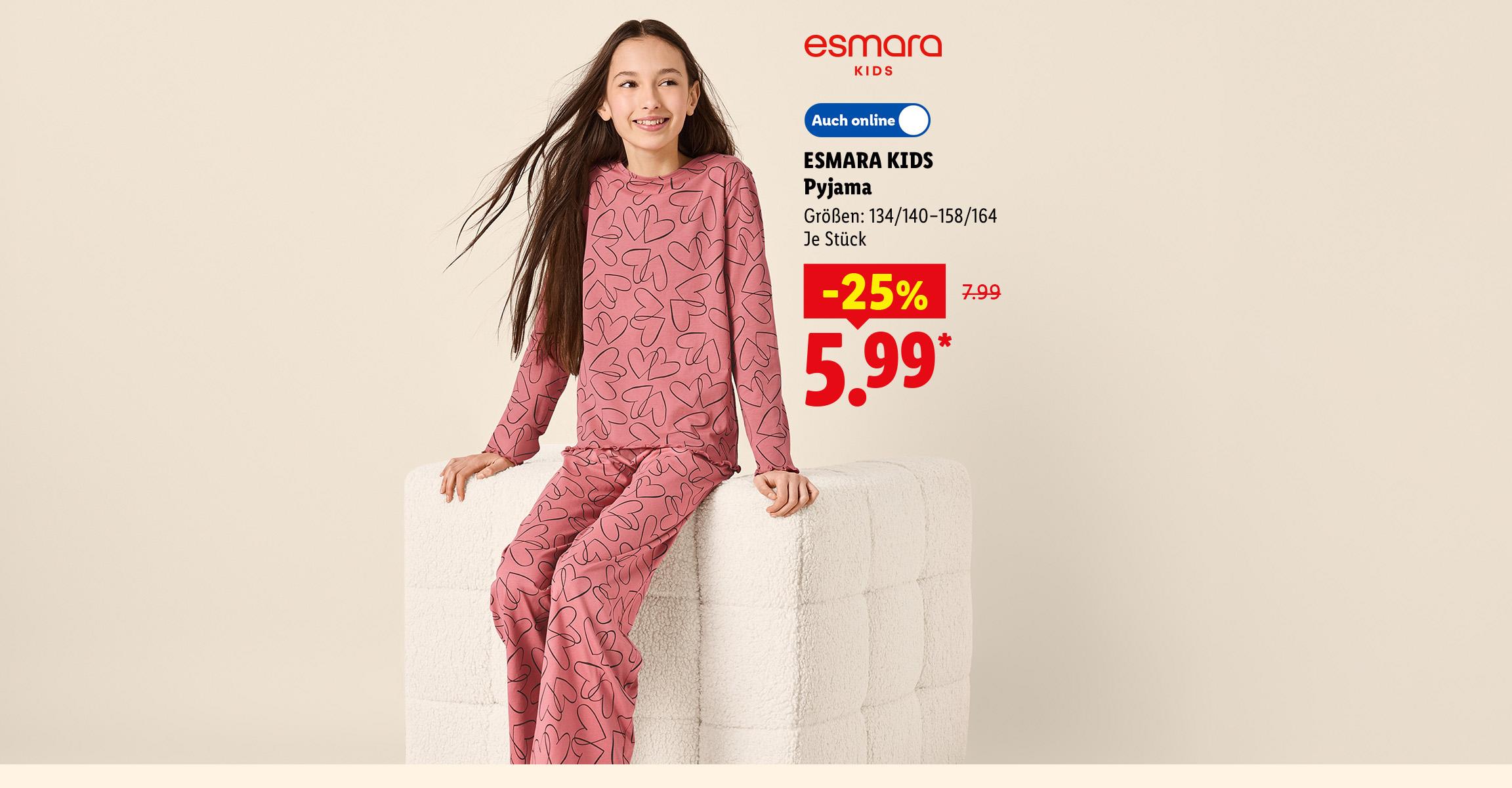 AI-generiert: ESMARA KIDS Pyjama, Größen: 134/140–158/164, je Stück, -25% günstiger, Auch online für 5.99 €*. AI-generated.