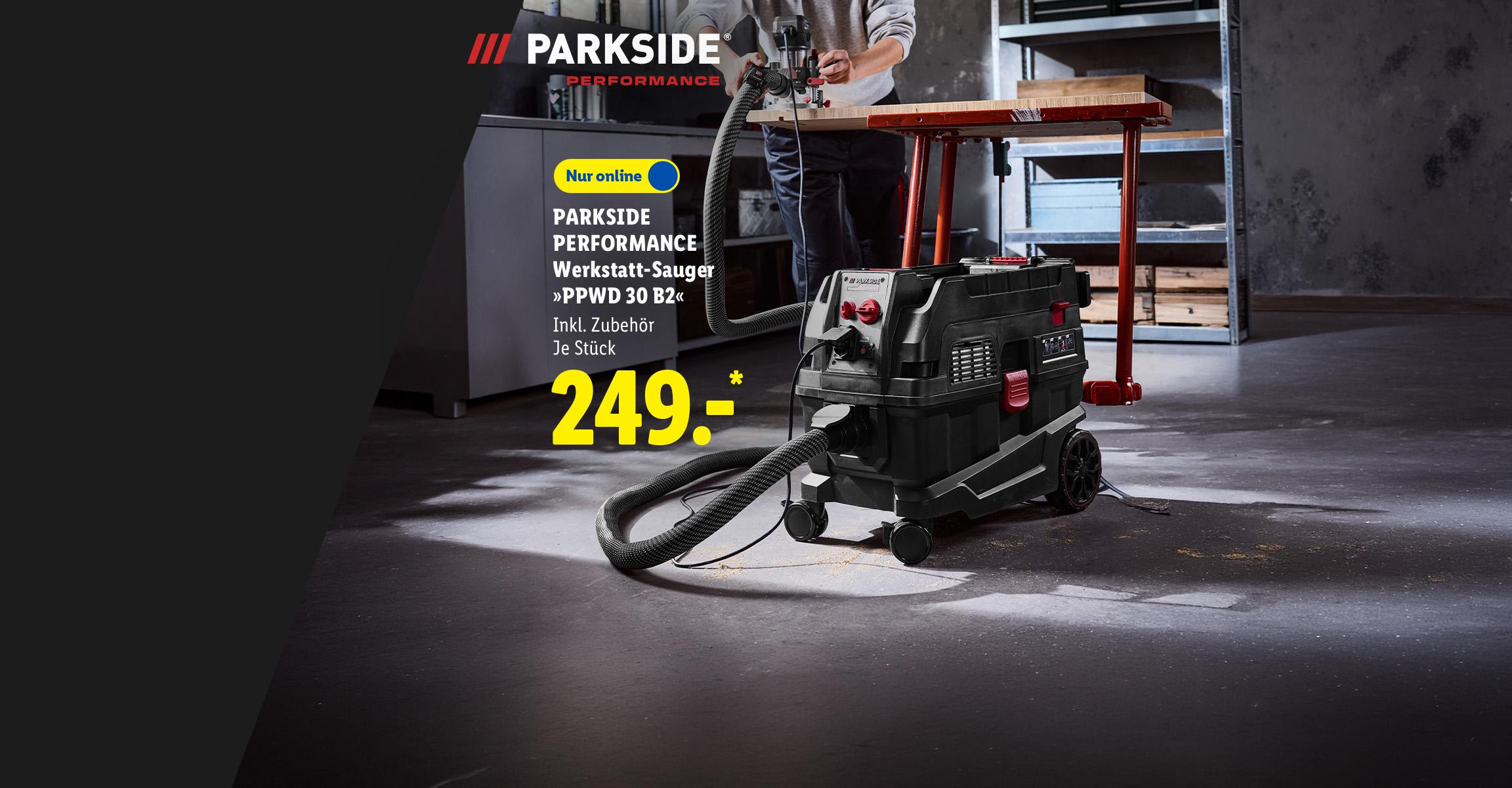 AI-generiert: PARKSIDE PERFORMANCE Werkstatt-Sauger »PPWD 30 B2«, Inkl. Zubehör, je Stück, Nur online für 249.- €*. AI-generated.