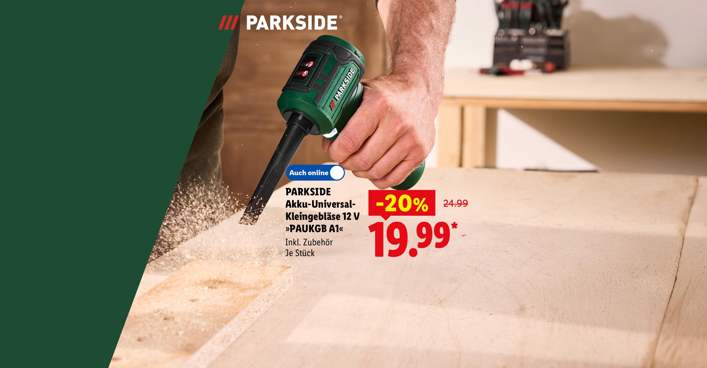 AI-generiert: PARKSIDE Akku-Universal-Kleingebläse 12 V »PAUKGB A1«, Inkl. Zubehör, je Stück -20% günstiger, Auch online für 19.99 €*. AI-generated.
