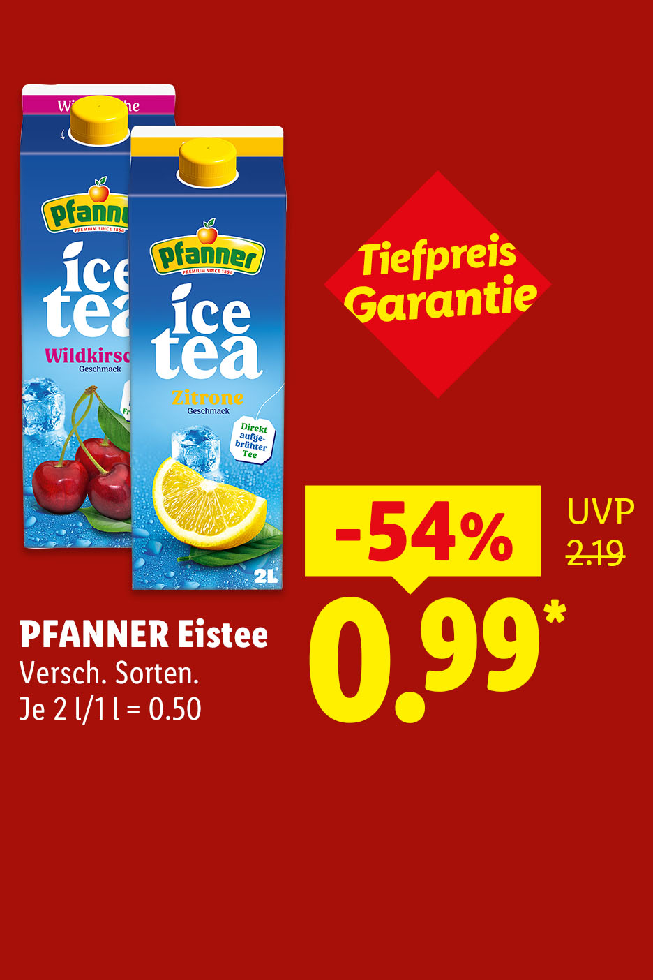 Tiefpreis Garantie. PFANNER Eistee, verschiedene Sorten, je 2 l 54% günstiger für 0.99€*, 1 l = 0.50,