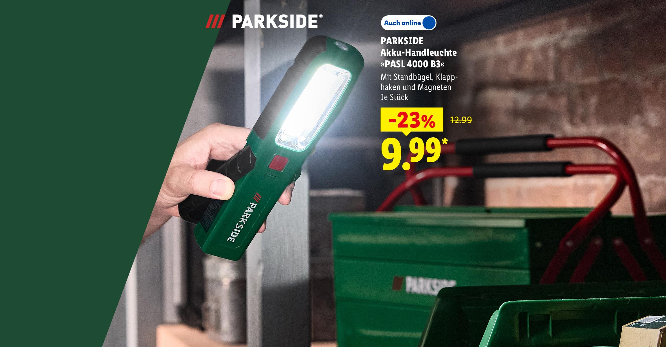 PARKSIDE Akku-Handleuchte »PASL 4000 B3«, Mit Standbügel, Klapphaken und Magneten, je Stück -23% günstiger, Auch online für 9.99 €*.