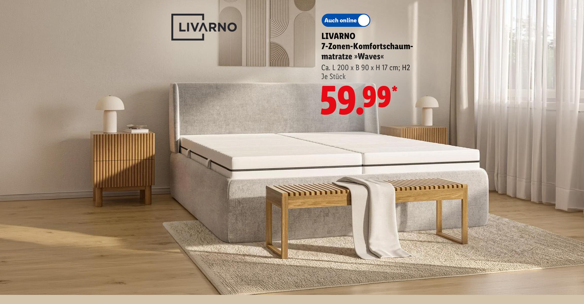 LIVARNO 7-Zonen-Komfortschaummatratze »Waves«, Ca. L 200 x B 90 x H 17 cm; H2, Je Stück, Auch online für 59.99 €*. AI-generated.