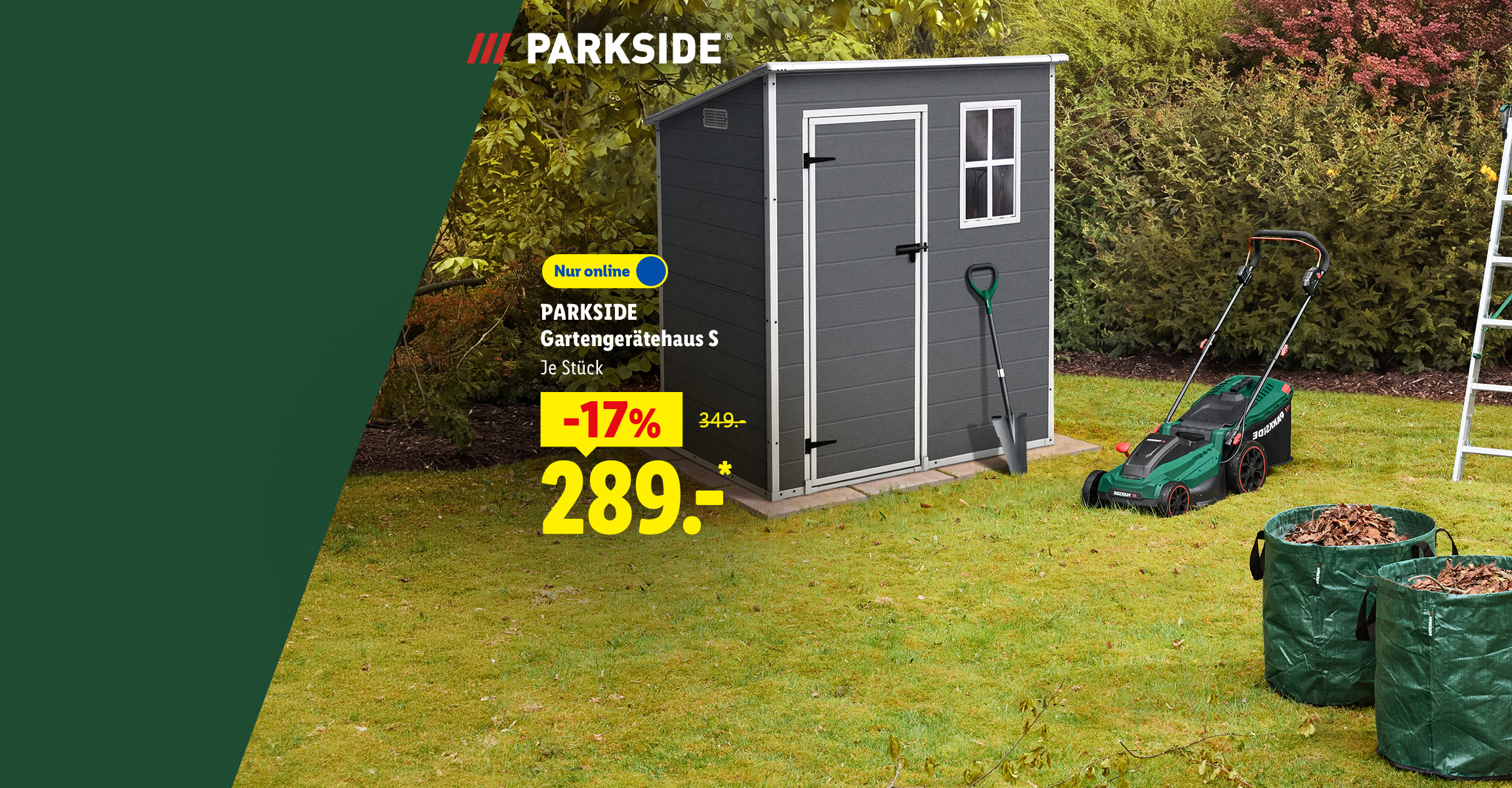 AI-generiert: PARKSIDE Gartengerätehaus S, Je Stück -17% günstiger, Nur online für 289.- €*. AI-generated.