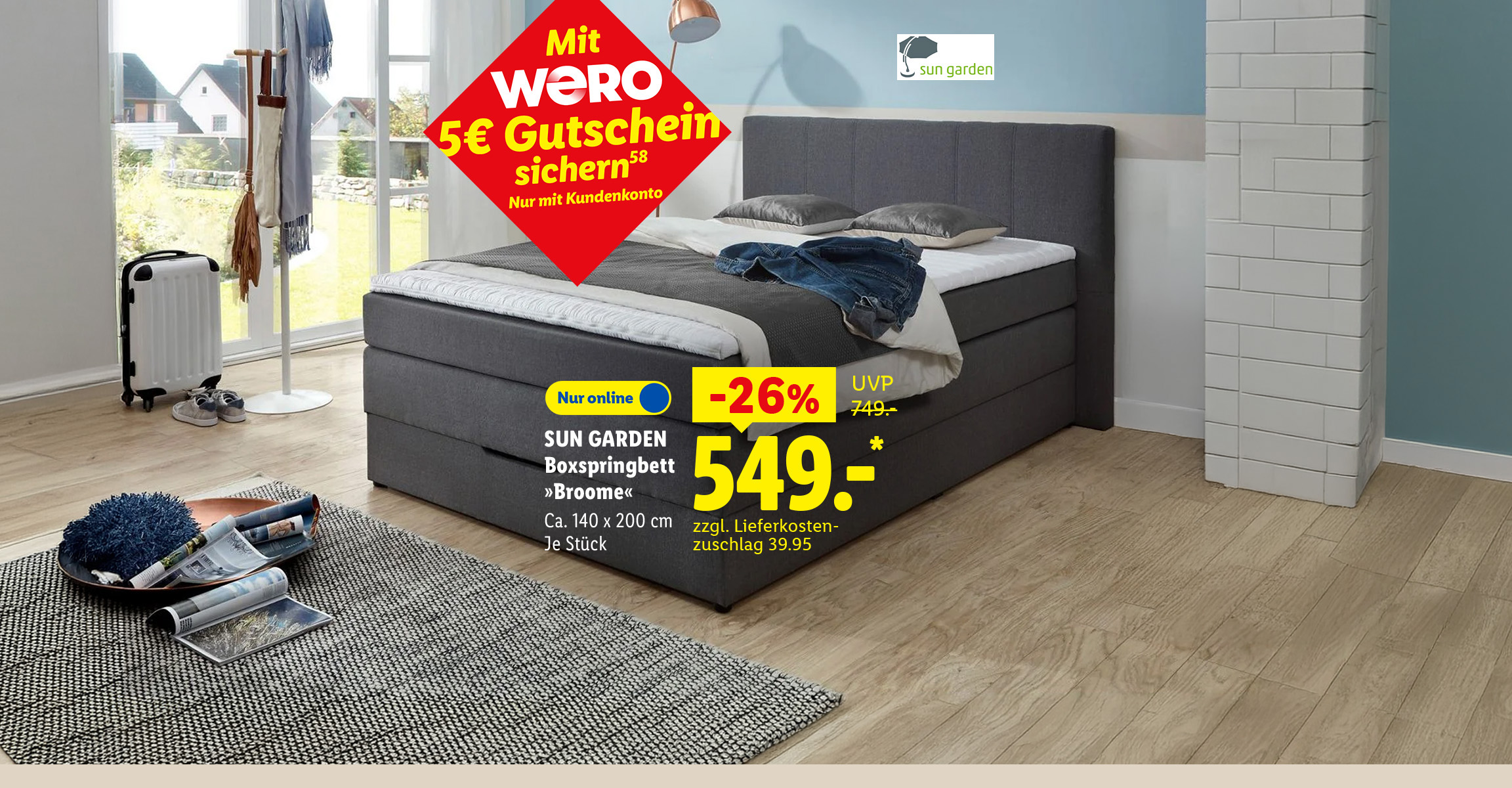 AI-generiert: Mit WERO 5€ Gutschein sichern: SUN GARDEN Boxspringbett »Broome«, Ca. 140 x 200 cm, je Stück -26% günstiger, Nur online für 549.- €* zzgl. Lieferkostenzuschlag 39.95.