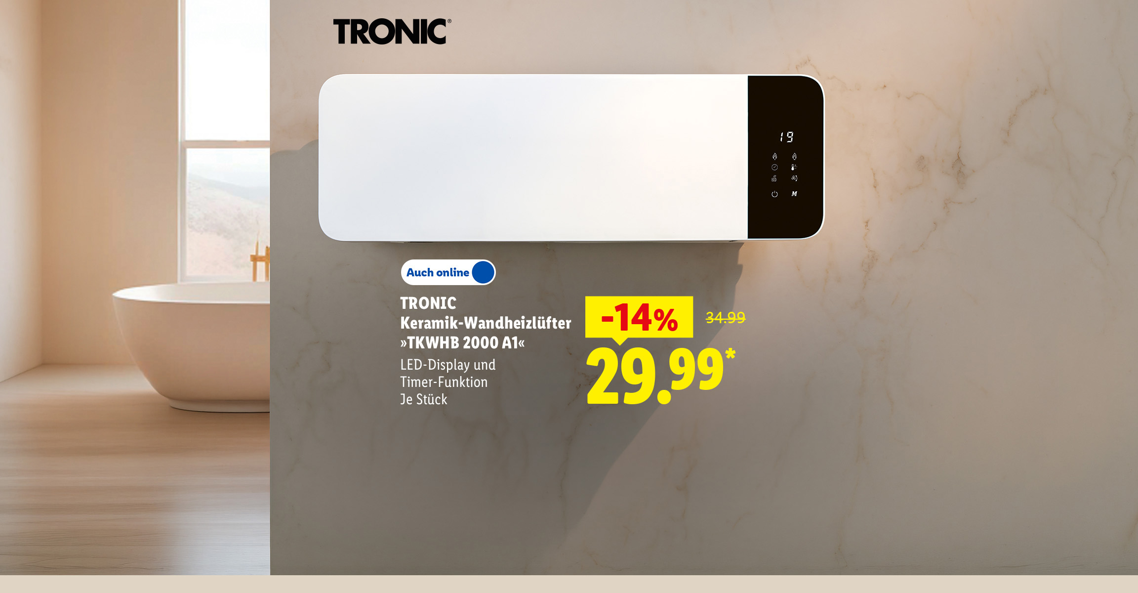 AI-generiert: TRONIC Keramik-Wandheizlüfter »TKWHB 2000 A1«, LED-Display und Timer-Funktion, je Stück -14% günstiger, Auch online für 29.99 €*.