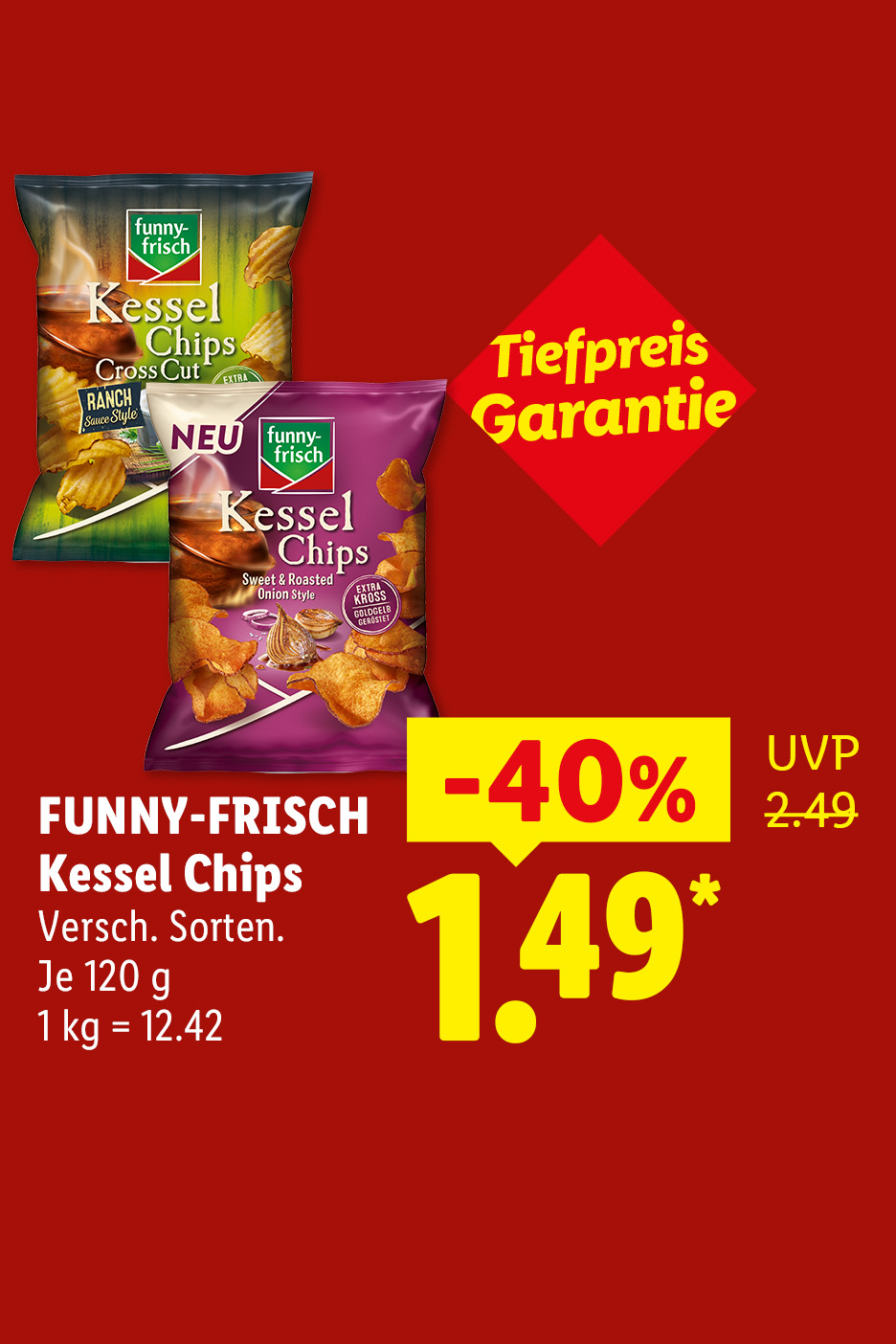 Tiefpreis Garantie. FUNNY-FRISCH Kessel Chips. Versch. Sorten. Je 120 g, 1 kg = 12.42, 40% günstiger für 1.49*€