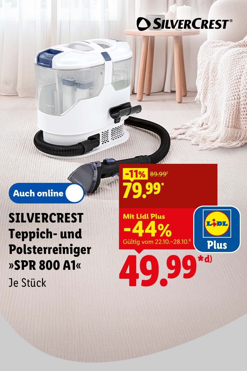 SILVERCREST Teppich- und Polsterreiniger »SPR 800 A1«, je Stück mit Lidl Plus 44% günstiger, Auch online für 49.99 €*, Gültig vom 22.10.-28.10.