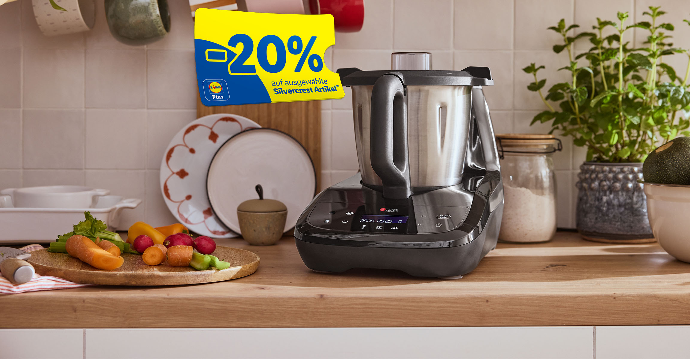 AI-generiert: -20% auf ausgewählte Silvercrest Artikel mit Lidl Plus (60), z.B. Küchenmaschine Silvercrest Monsieur Cuisine compact »SMCC 1100 A1«.