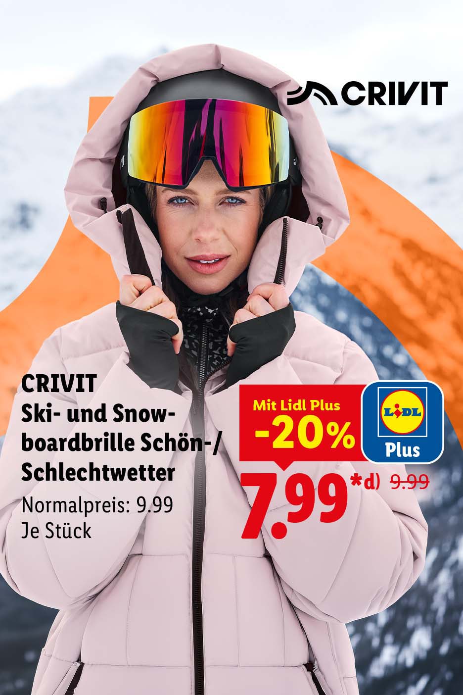 AI-generiert: CRIVIT Ski- und Snowboardbrille Schön-/Schlechtwetter, je Stück mit Lidl Plus 20% günstiger für 7.99 €*, Normalpreis: 9.99. AI-generated.