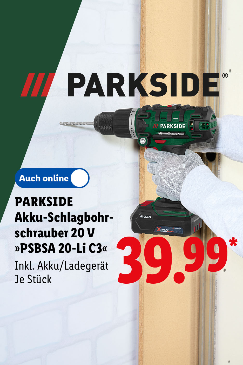 PARKSIDE Akku-Schlagbohrschrauber 20 V »PSBSA 20-Li C3« Inkl. Akku und Ladegerät, je Stück, Auch online für 39.99 €*.
