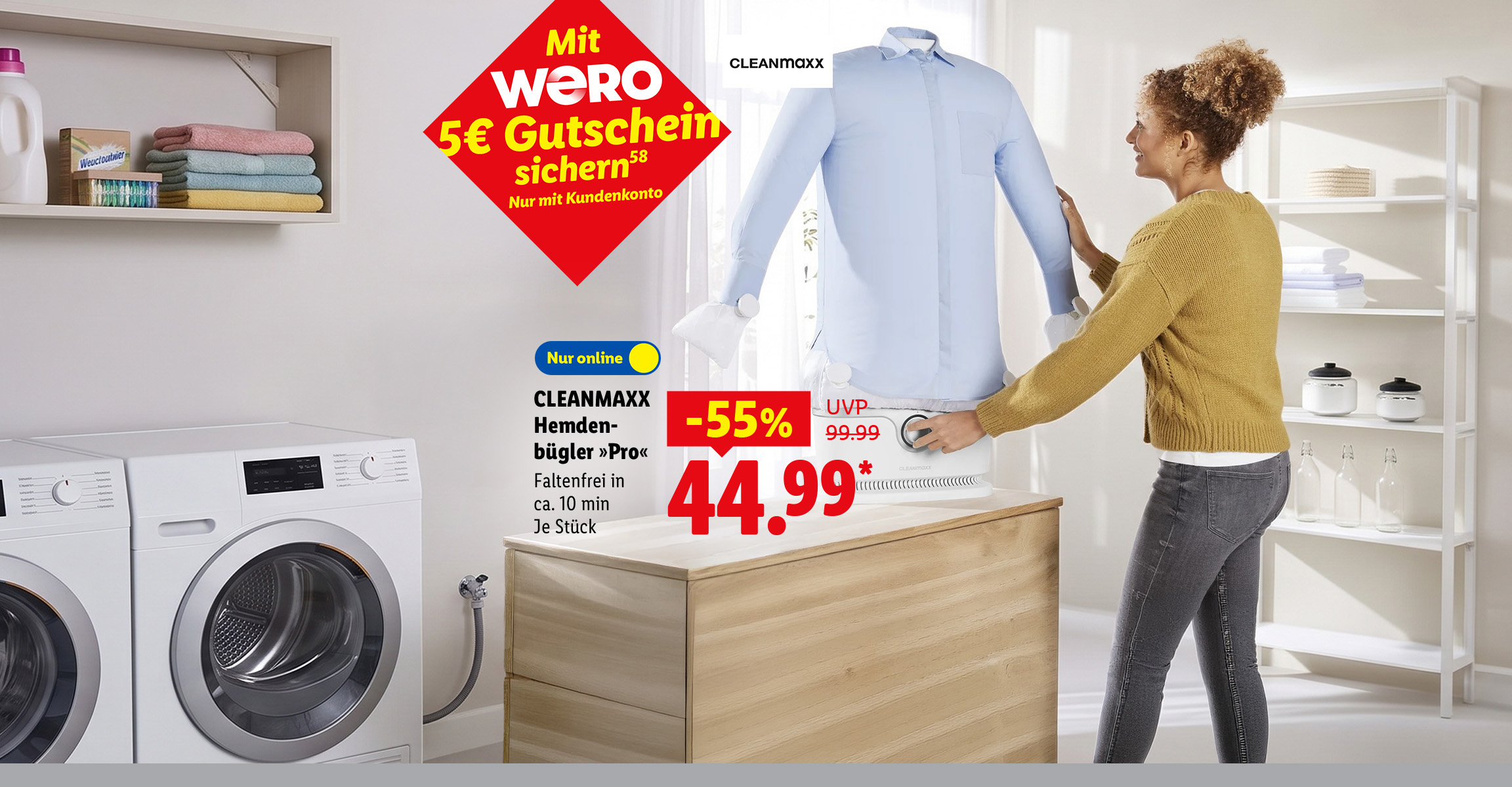AI-generiert: Mit WERO 5€ Gutschein sichern: CLEANMAXX Hemdenbügler »Pro«, Faltenfrei in ca. 10 min, je Stück -55% günstiger, nur online für 44.99 €*.