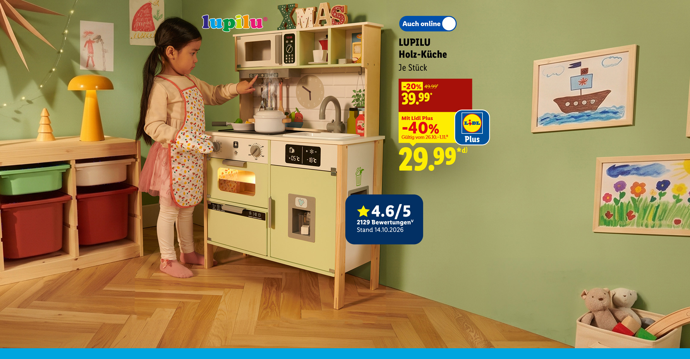 AI-generiert: LUPILU Holz-Küche, je Stück mit Lidl Plus 40% günstiger, auch online für 29.99 €*d), Gültig vom 26.10.–1.11., 4.6/5 Sternen (2129 Bewertungen, Stand 14.10.2026).