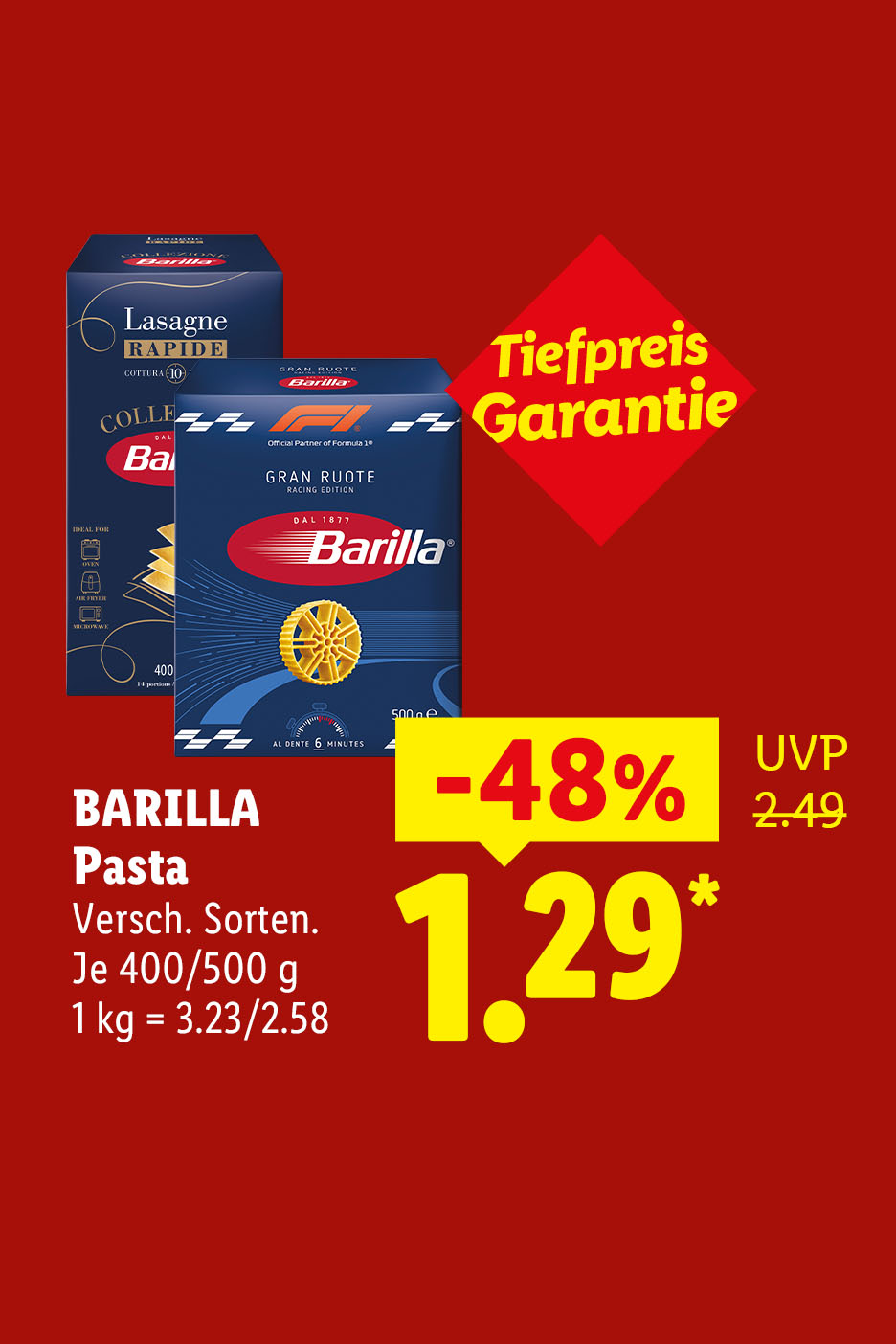 Tiefpreis Garantie. BARILLA Pasta, Versch. Sorten., je 400/500 g, -48% günstiger für 1.29 €*.